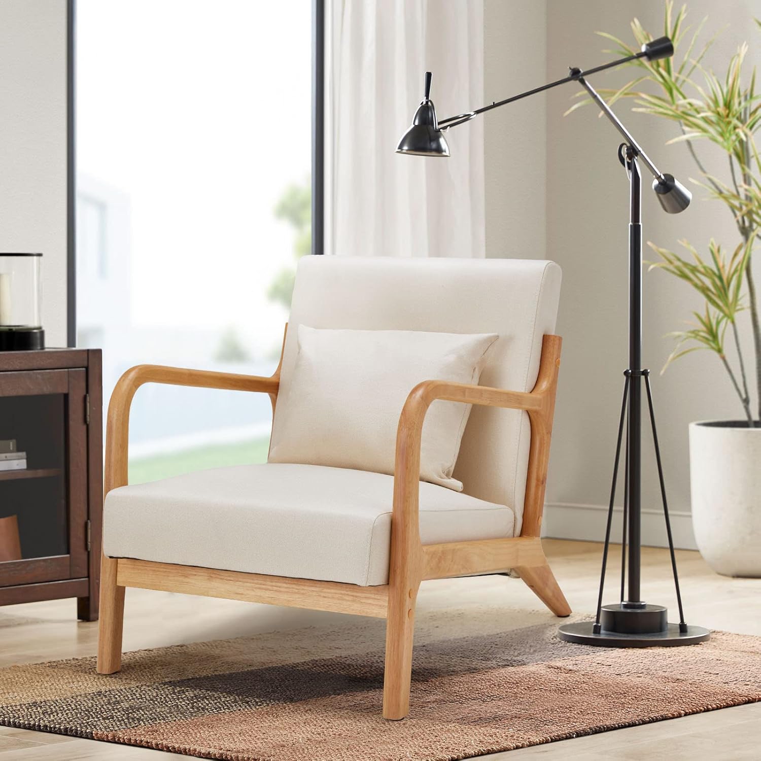 AECOJOY Mid Century Modern Accent Chair Lounge Reading Chair with Solid Wood Frame and Cozy Cushion, Cream