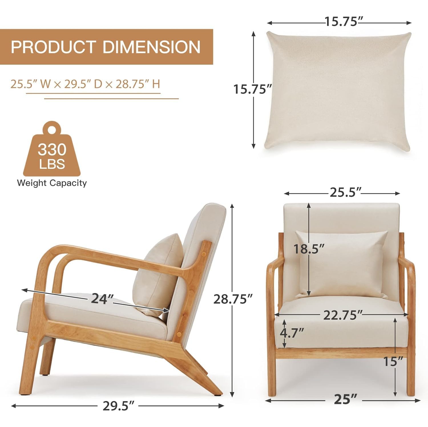 AECOJOY Mid Century Modern Accent Chair Lounge Reading Chair with Solid Wood Frame and Cozy Cushion, Cream