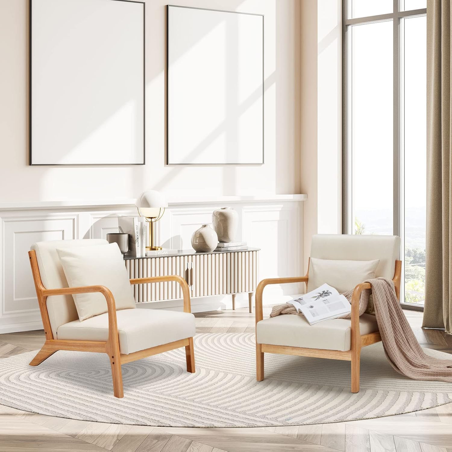 AECOJOY Mid Century Modern Accent Chair Lounge Reading Chair with Solid Wood Frame and Cozy Cushion, Cream