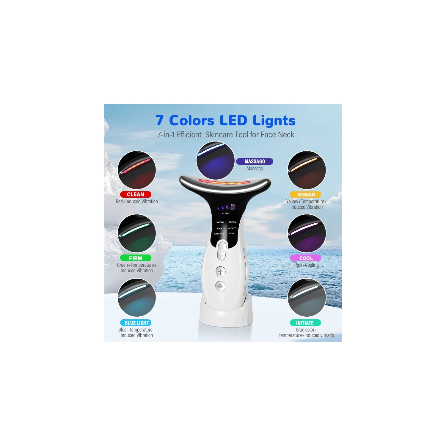 Appareil de massage 7 en 1 pour le visage et le cou pour soins de la peau Appareil de beauté faciale Multifonctionnelle Outil de levage du visage