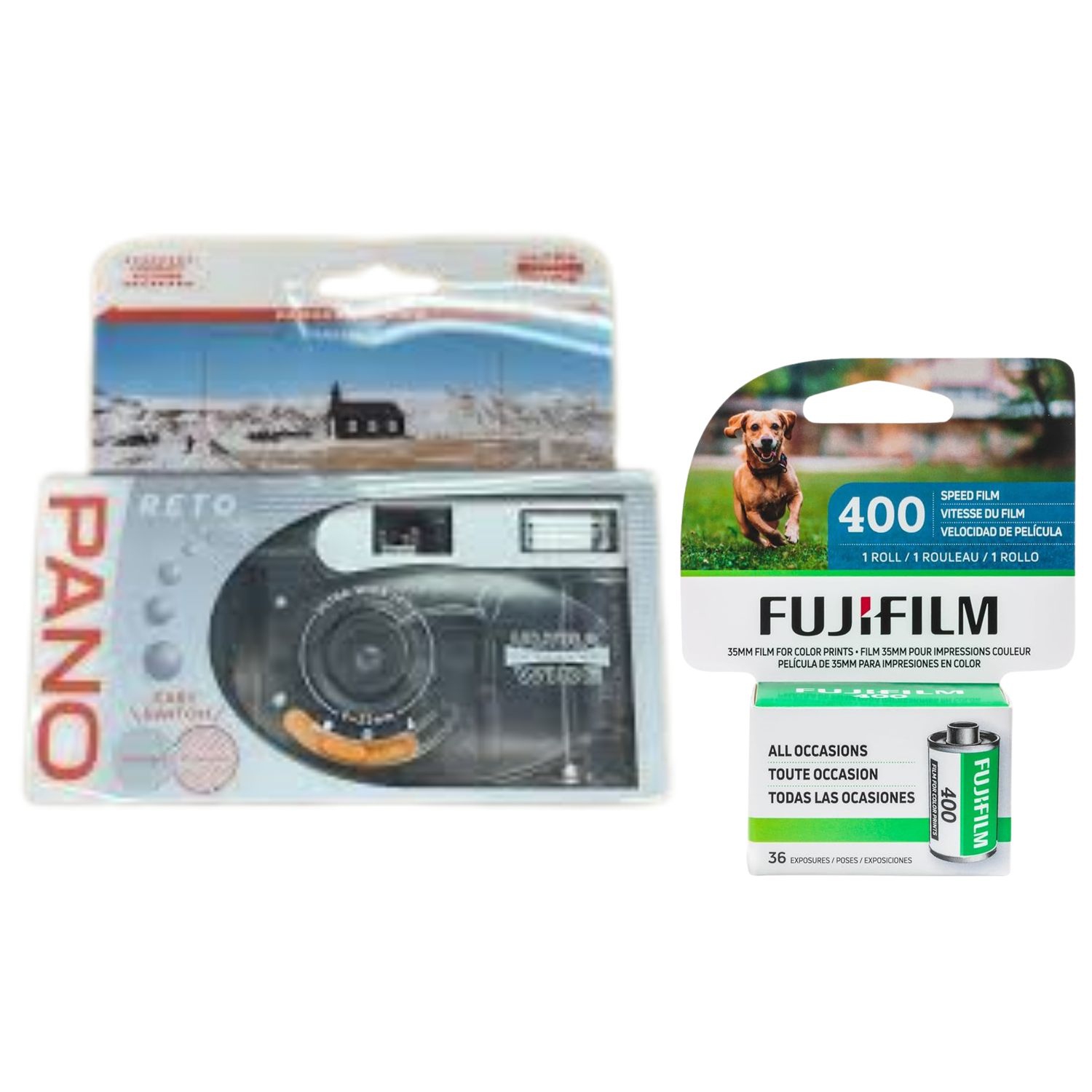 Appareil photo à film réutilisable PANO DE RETO, objectif grand-angle 35&nbsp;mm, panorama, modes cinématiques, flash intégré et film 400 de Fujifilm