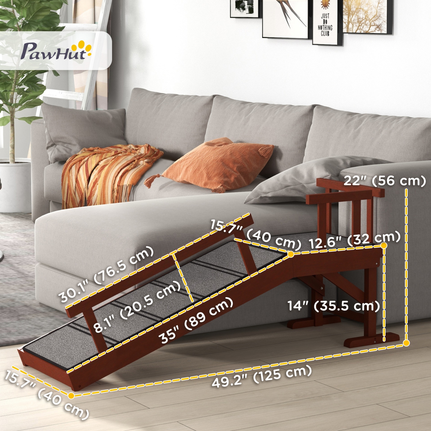 PawHut Wooden Dog Ramp for Large Dogs, 49" Long Pet Ramp with Non-slip Rug, Removable Guardrails, Dog Stairs for Couch, Bed, Brown