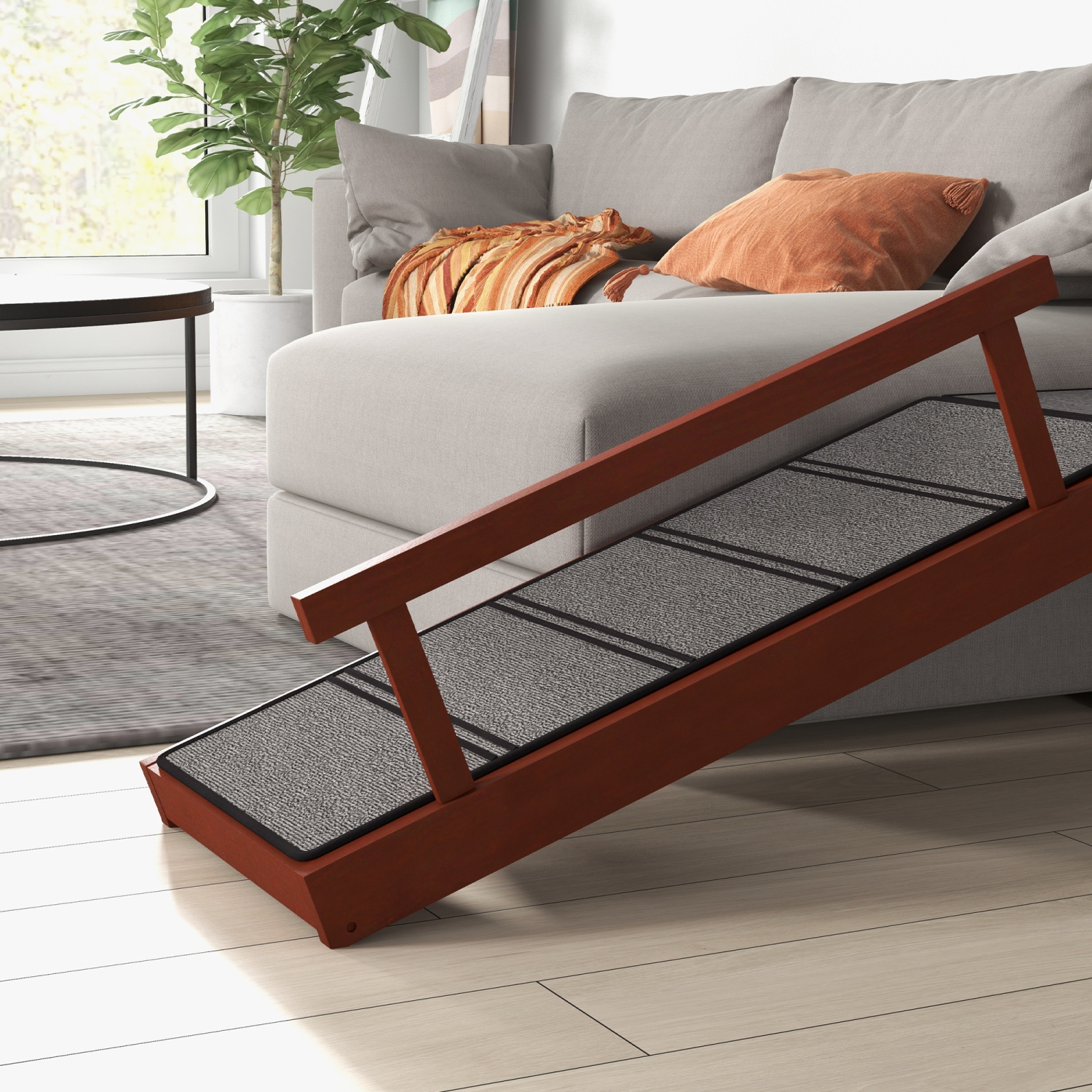 PawHut Wooden Dog Ramp for Large Dogs, 49" Long Pet Ramp with Non-slip Rug, Removable Guardrails, Dog Stairs for Couch, Bed, Brown