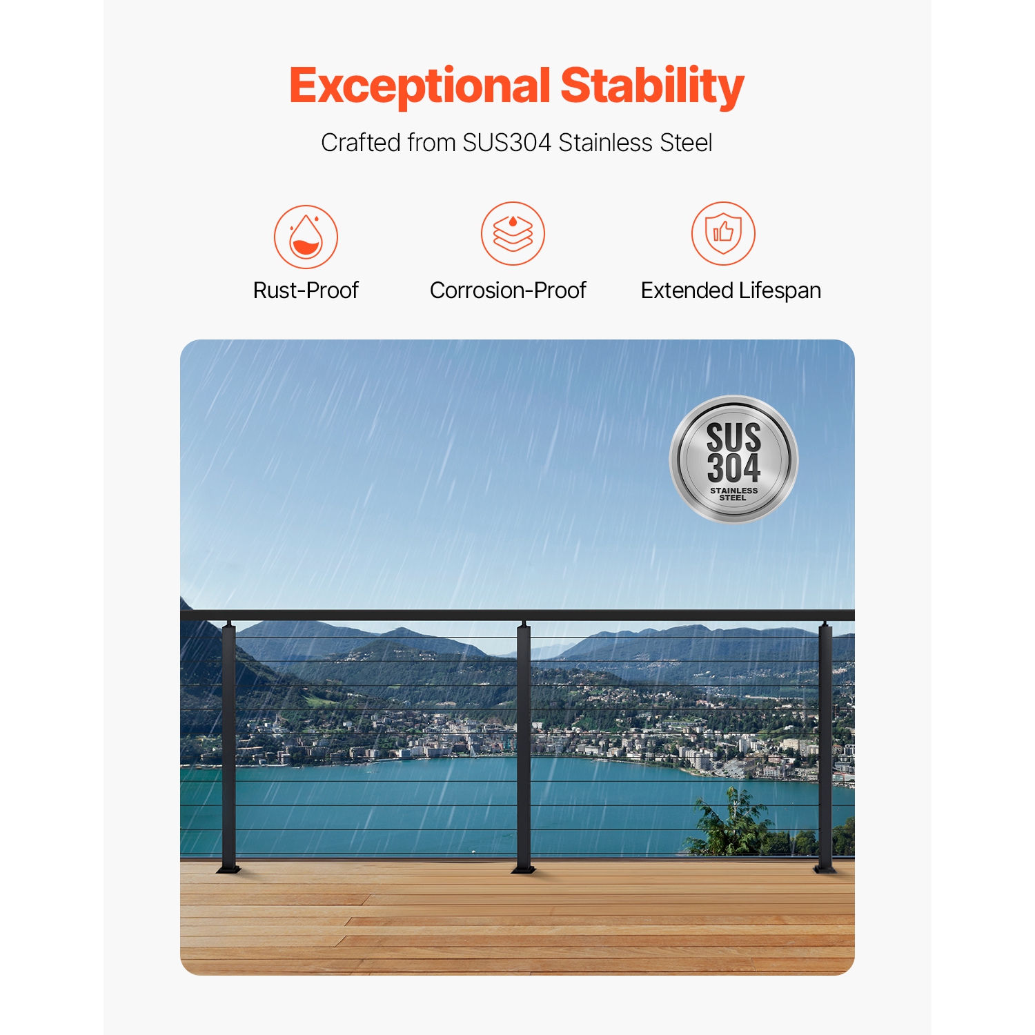 VEVOR 36x2x2 In 1-Pack Cable Railing Post, Horizontal-Hole Deck Railing Post with Pre-Drilled Holes, Stainless Steel Cable Rail Post with Horizontal