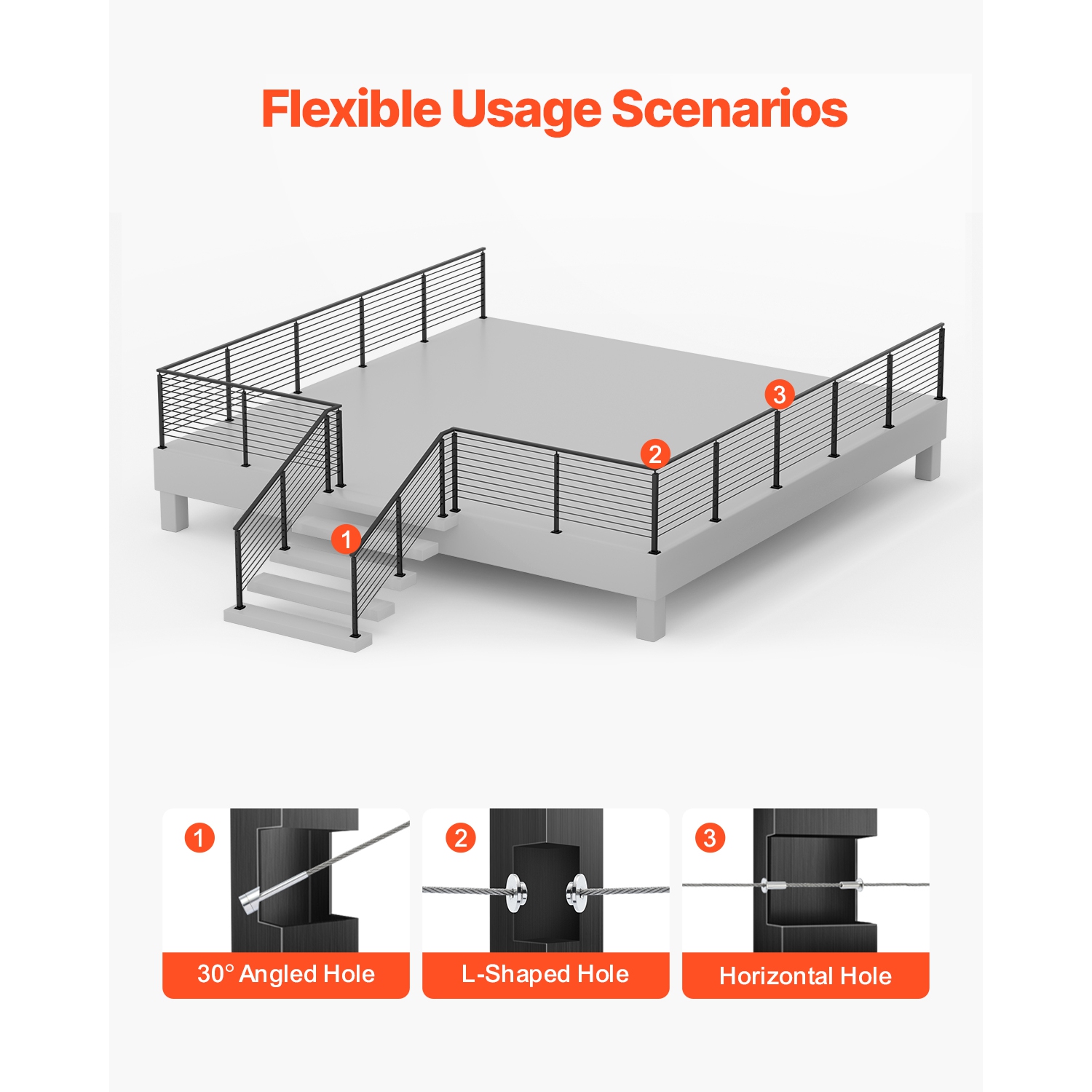 VEVOR 36x2x2 In 1-Pack Cable Railing Post, Horizontal-Hole Deck Railing Post with Pre-Drilled Holes, Stainless Steel Cable Rail Post with Horizontal