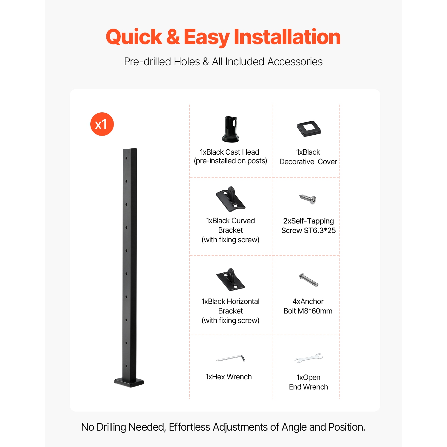 VEVOR 36x2x2 In 1-Pack Cable Railing Post, Horizontal-Hole Deck Railing Post with Pre-Drilled Holes, Stainless Steel Cable Rail Post with Horizontal
