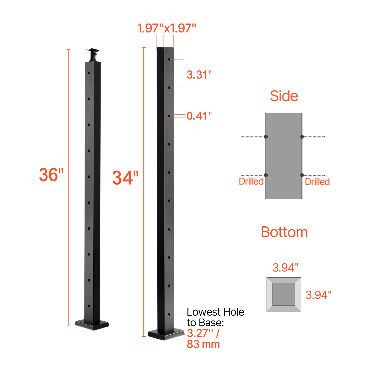 VEVOR 36x2x2 In 1-Pack Cable Railing Post, Horizontal-Hole Deck Railing Post with Pre-Drilled Holes, Stainless Steel Cable Rail Post with Horizontal