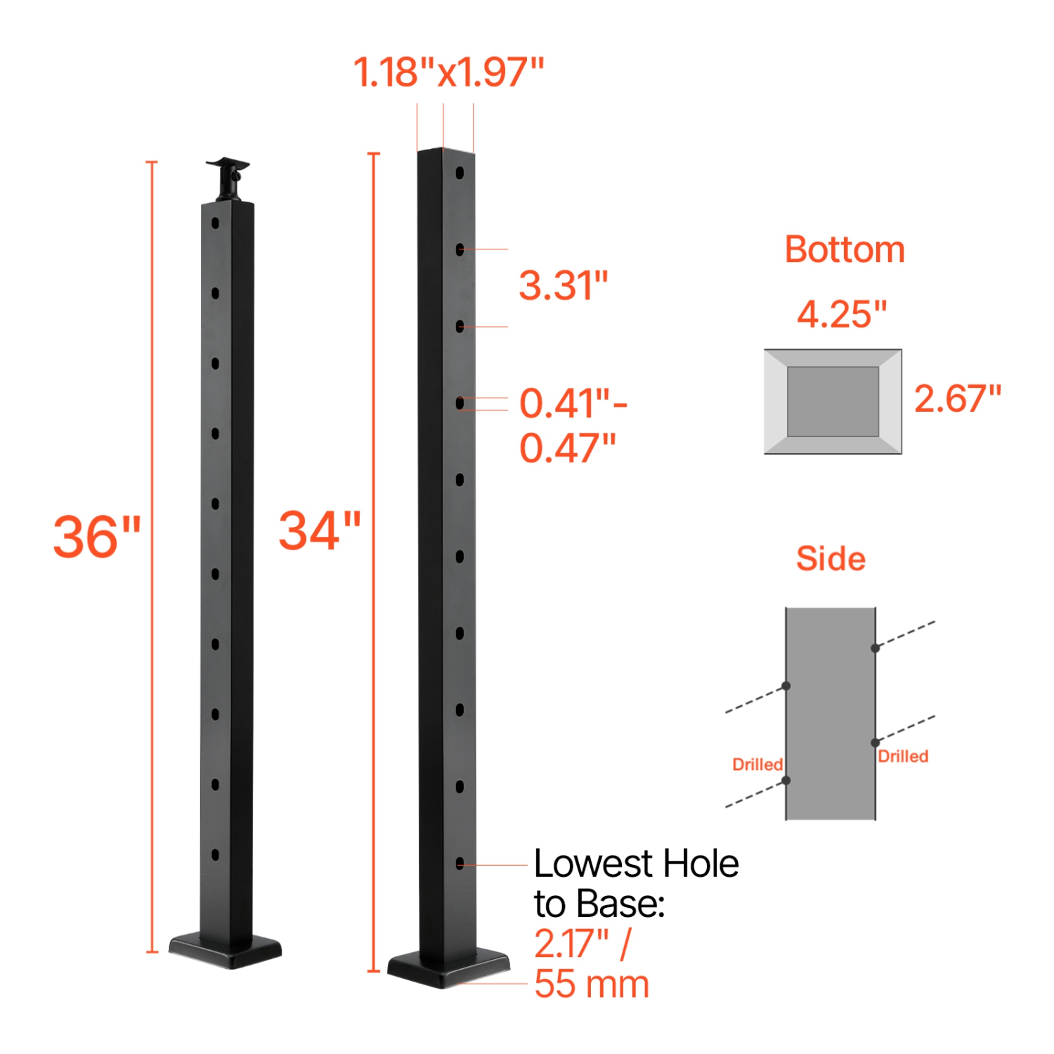 Angled Railing Post Base VEVOR 36x1x2 Inch Cable Railing Post, Stair Railing Post, with Pre ...