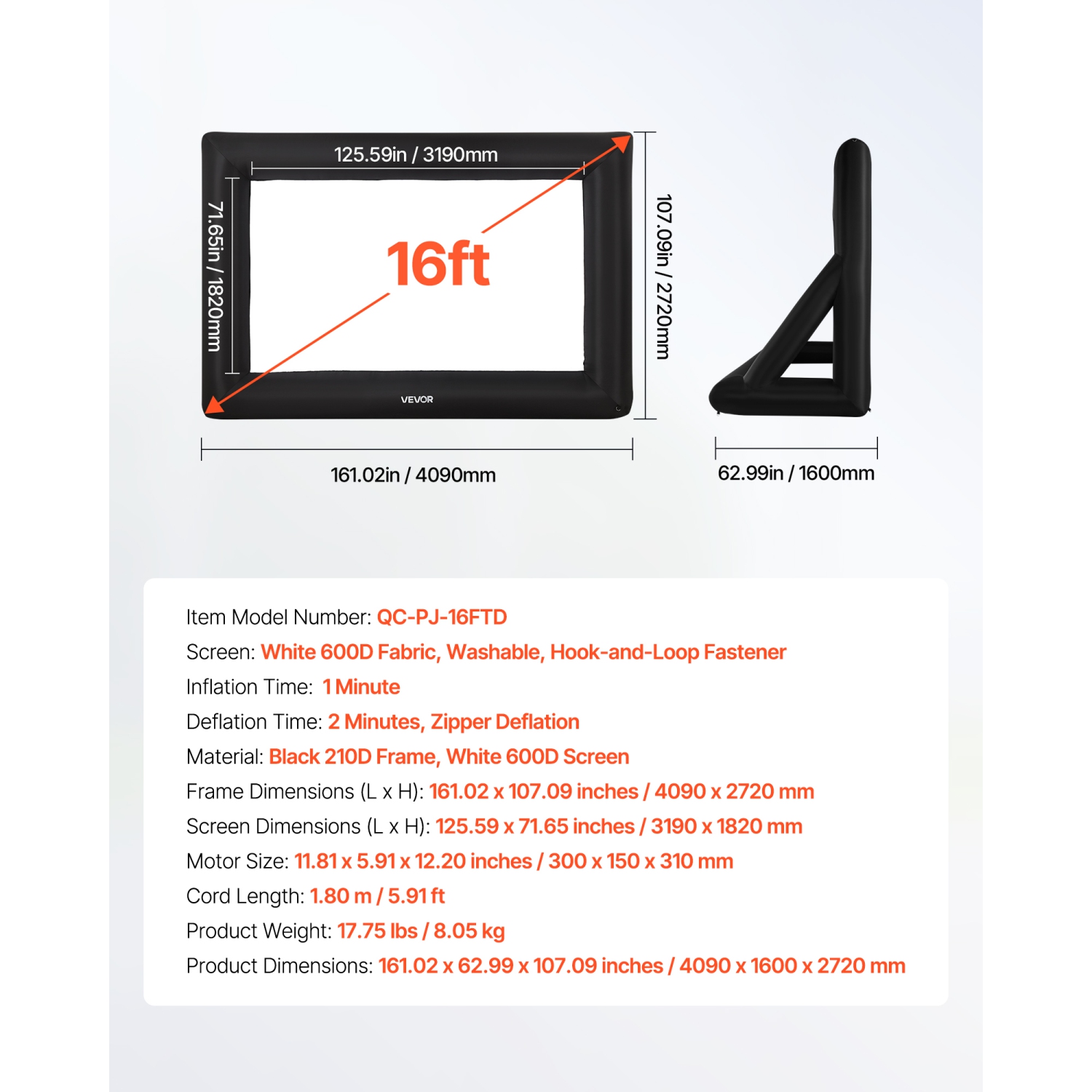 Écran de cinéma gonflable VEVOR 16&nbsp;pi, écran de projection gonflable lavable 600D avec sac de rangement portatif, installation facile 16:9
