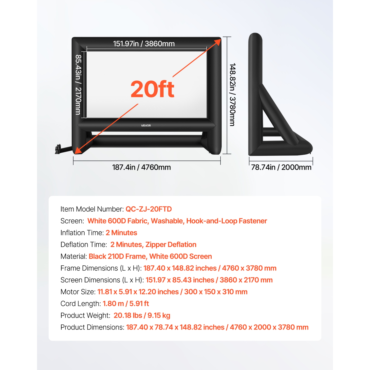 Écran de cinéma gonflable VEVOR 20&nbsp;pi, écran de projection gonflable lavable 600D avec sac de rangement portatif, 16:9 projection de film facile