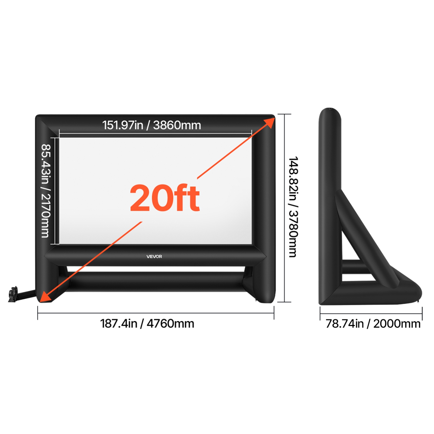 Écran de cinéma gonflable VEVOR 20&nbsp;pi, écran de projection gonflable lavable 600D avec sac de rangement portatif, 16:9 projection de film facile