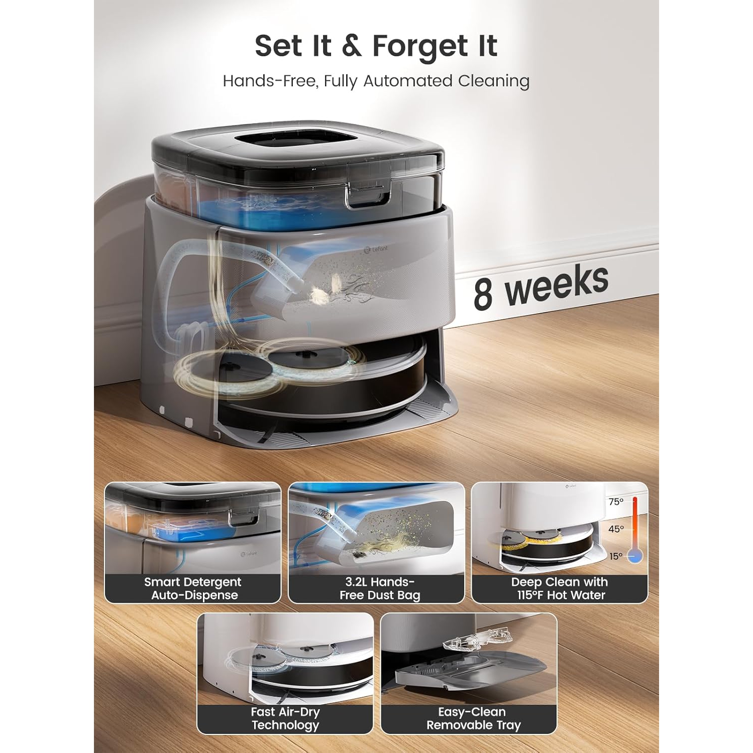 Lefant M3 Max Robot Vacuum, Auto Mop Washing, 20000Pa Suction, Self-Emptying & Refilling, 9mm Mop Lifting, 200RPM Spinning Mops, Smart Obstacle