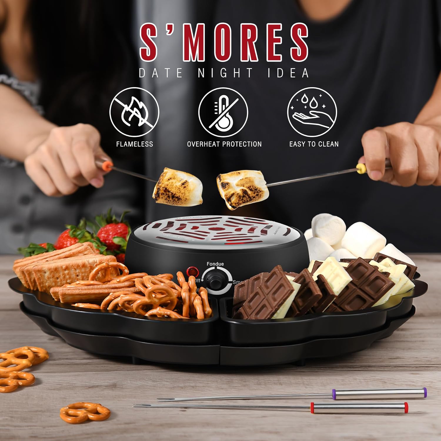 2 in 1 Electric S’mores Maker & Fondue Pot, Chocolate Melting Fondue Set with Removable Pot for Candy Butter