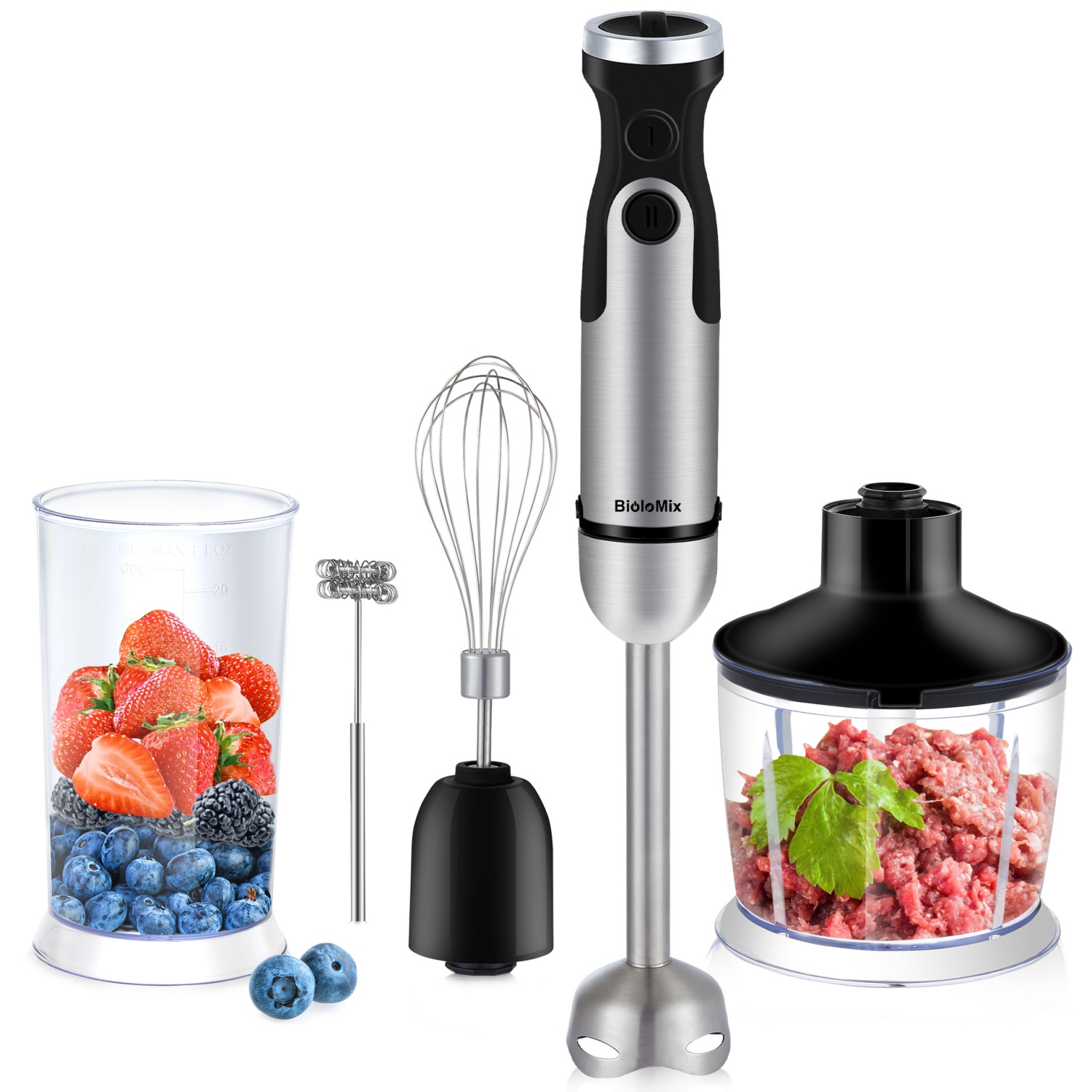 Multifunctional Hand Blender with Heavy Duty Copper Motor, Stainless Steel Housing, Whisk Attachment, Chopper, and Smoothie Cup - HB3302 5-in-1