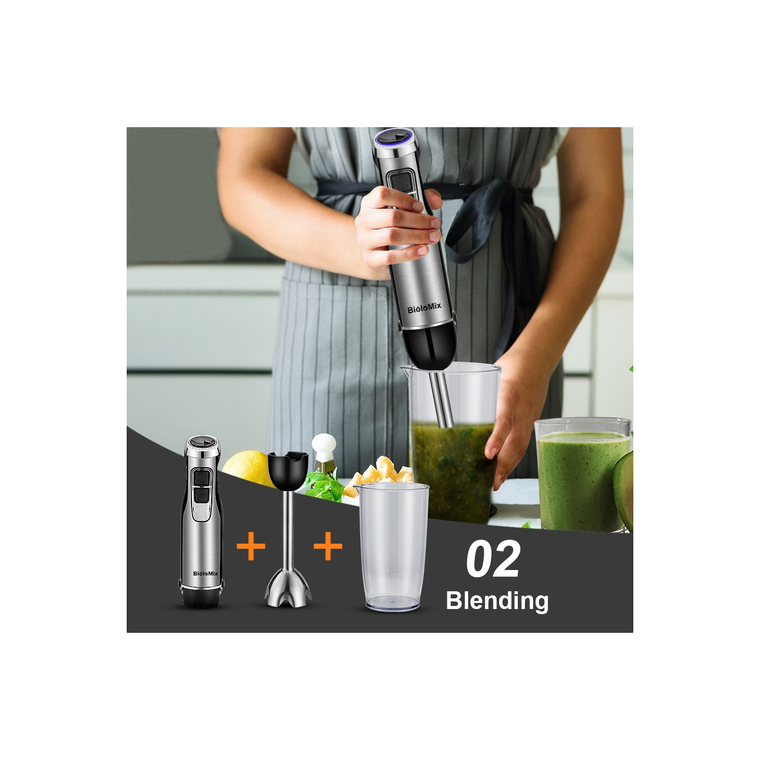 Multifunctional Hand Blender with Heavy Duty Copper Motor, Stainless Steel Housing, Whisk Attachment, Chopper, and Smoothie Cup - HB3302 5-in-1