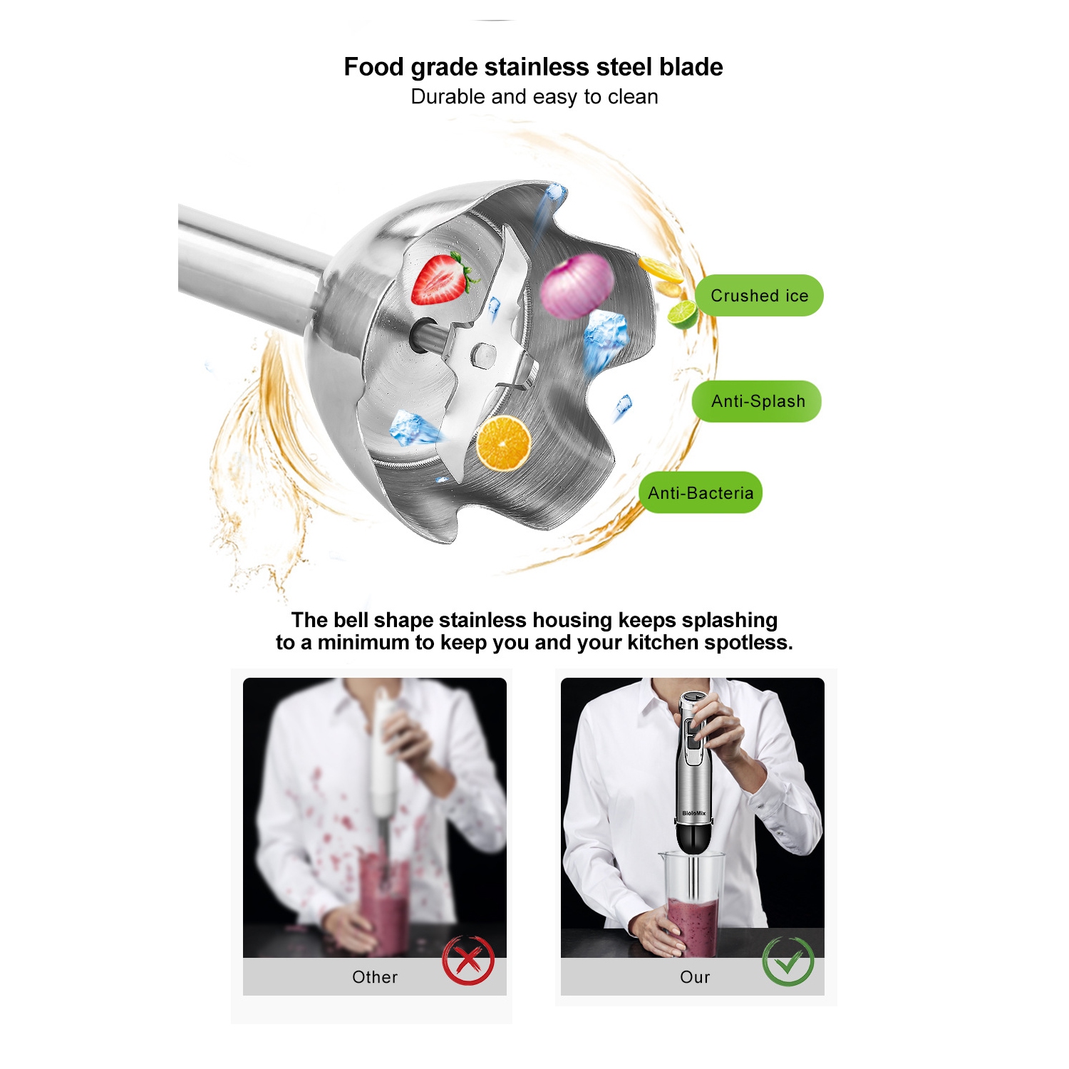 Multifunctional Hand Blender with Heavy Duty Copper Motor, Stainless Steel Housing, Whisk Attachment, Chopper, and Smoothie Cup - HB3302 5-in-1
