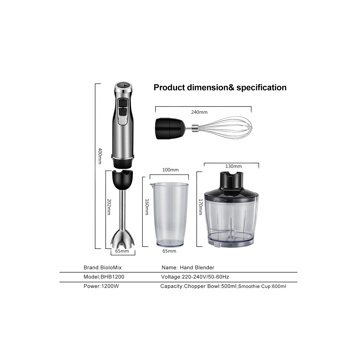 Multifunctional Hand Blender with Heavy Duty Copper Motor, Stainless Steel Housing, Whisk Attachment, Chopper, and Smoothie Cup - HB3302 5-in-1