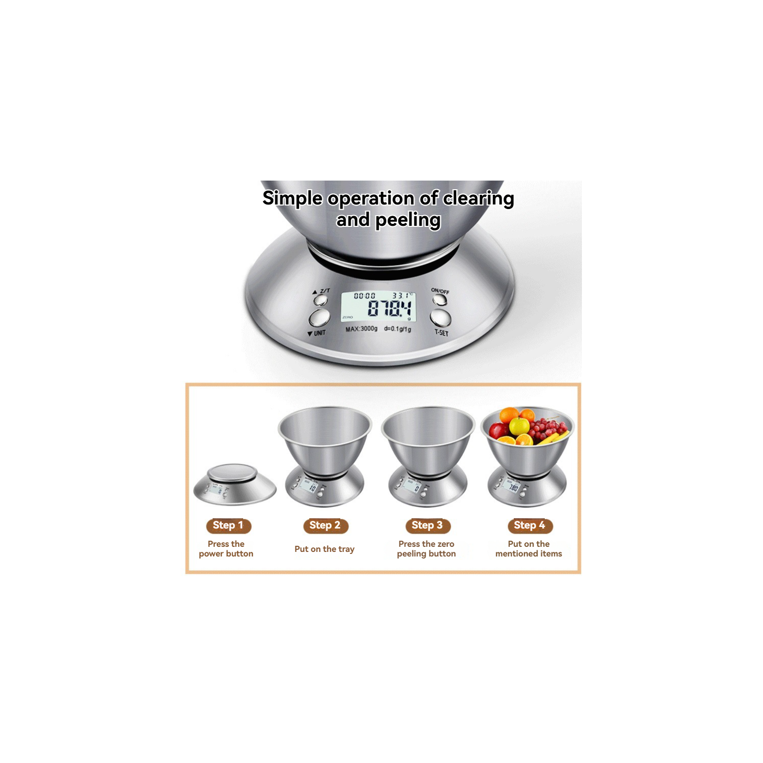 Balance de cuisine électronique en acier inoxydable avec bol, grande précision 0,1&nbsp;g 5&nbsp;kg plaque de cuisson en acier inoxydable grande