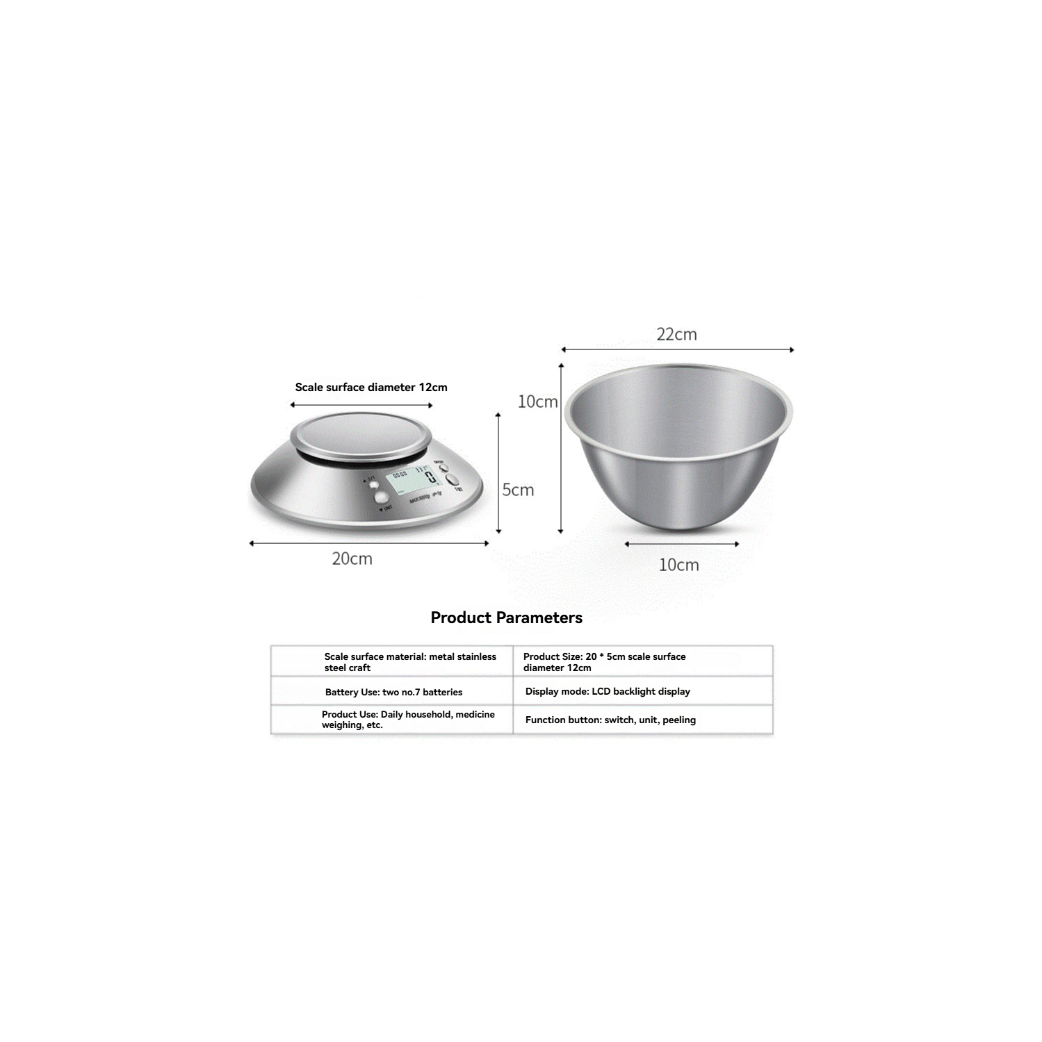 Balance de cuisine électronique en acier inoxydable avec bol, grande précision 0,1&nbsp;g 5&nbsp;kg plaque de cuisson en acier inoxydable grande