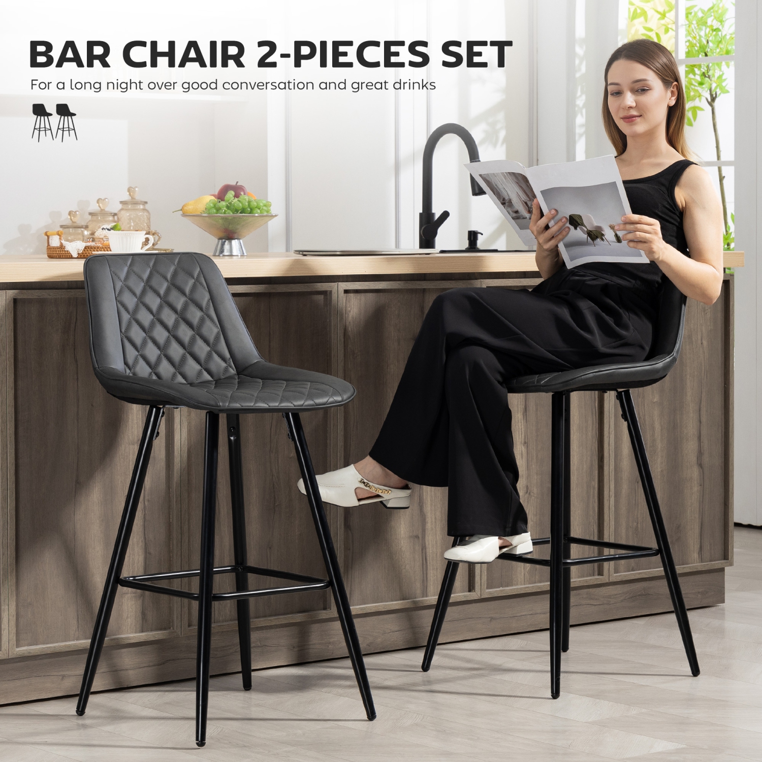HOMCOM Bar Stools Set of 2, PU Leather Counter Height Bar Chairs, 27.75" Kitchen Stools with Metal Legs for Dining Area, Kitchen Island, Black