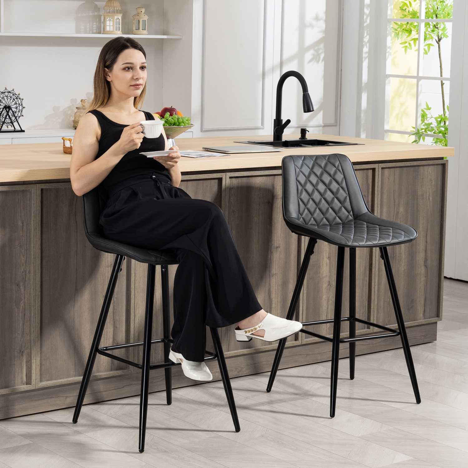 HOMCOM Bar Stools Set of 2, PU Leather Counter Height Bar Chairs, 27.75" Kitchen Stools with Metal Legs for Dining Area, Kitchen Island, Black