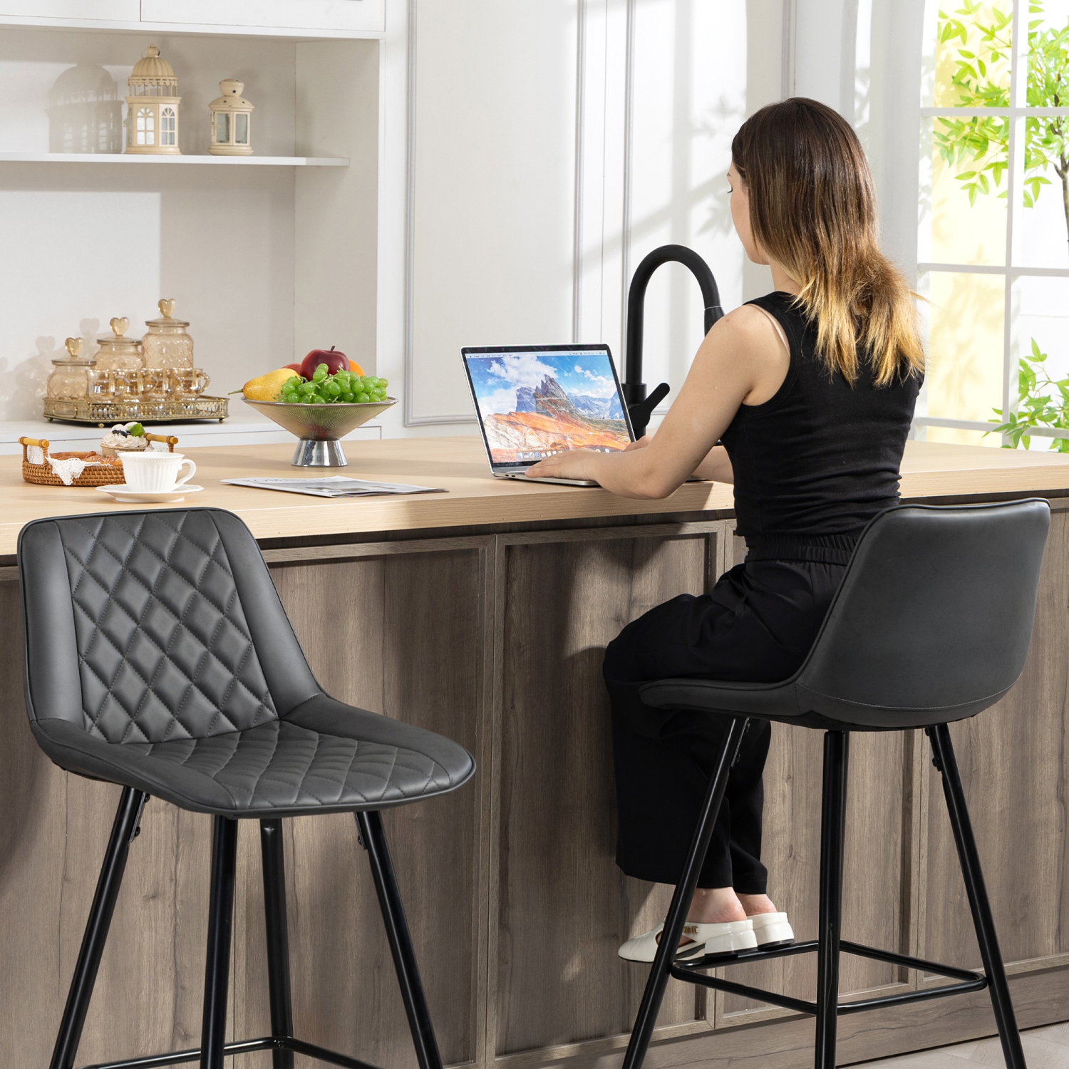 HOMCOM Bar Stools Set of 2, PU Leather Counter Height Bar Chairs, 27.75" Kitchen Stools with Metal Legs for Dining Area, Kitchen Island, Black