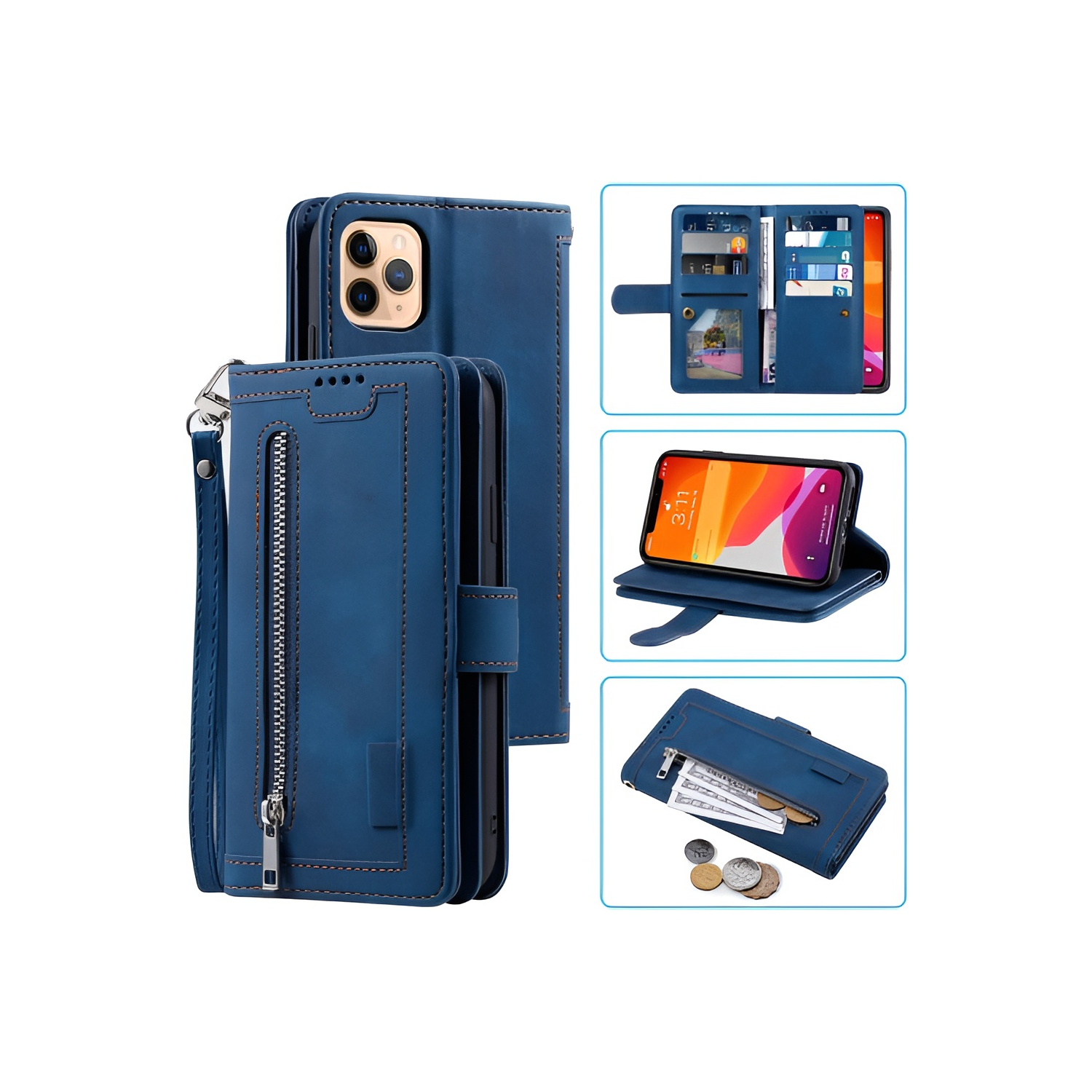 [ LIMITTED TIME OFFER ] - Wallet Case for iPhone 14, Multi-Function Flip Folio 9 Card Slots Phone Case with Zipped Pocket Wrist Strap