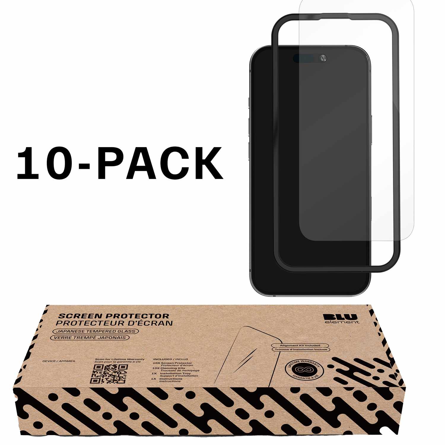 Paquet de 10 protecteurs d'écran en verre trempé de Blu Element dans un emballage en vrac pour iPhone 17/16 Pro