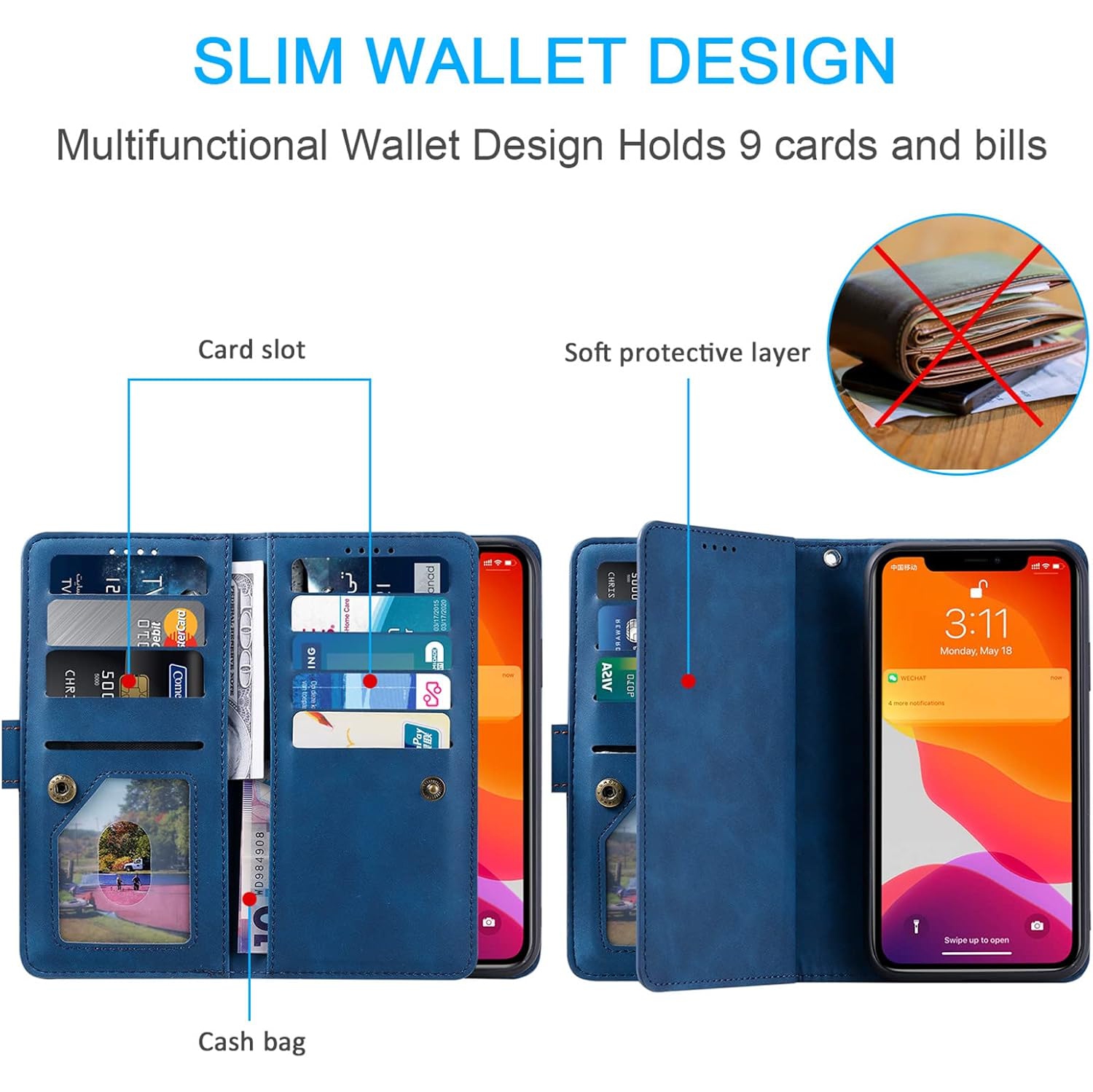 [ LIMITTED TIME OFFER ] - Wallet Case for iPhone 14 PLUS, Multi-Function Flip Folio 9 Card Slots Phone Case with Zipped Pocket Wrist Strap