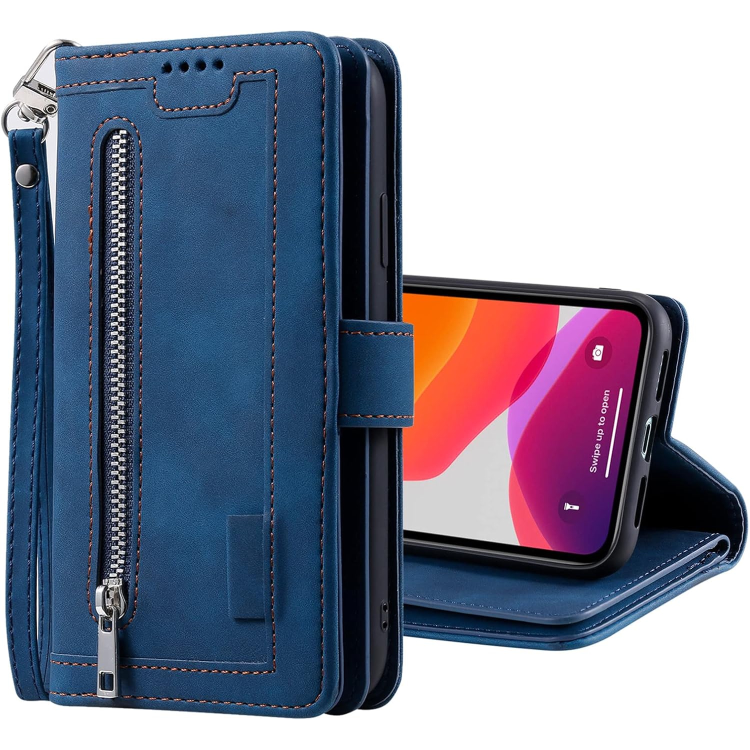 [ LIMITTED TIME OFFER ] - Wallet Case for iPhone 14 PLUS, Multi-Function Flip Folio 9 Card Slots Phone Case with Zipped Pocket Wrist Strap