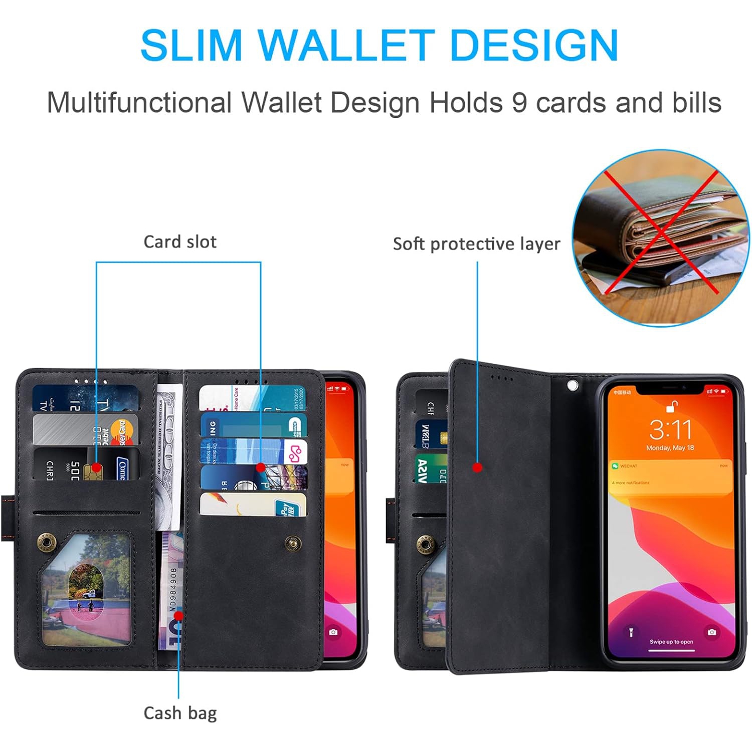 [ LIMITTED TIME OFFER ] - Wallet Case for iPhone 14 PLUS, Multi-Function Flip Folio 9 Card Slots Phone Case with Zipped Pocket Wrist Strap