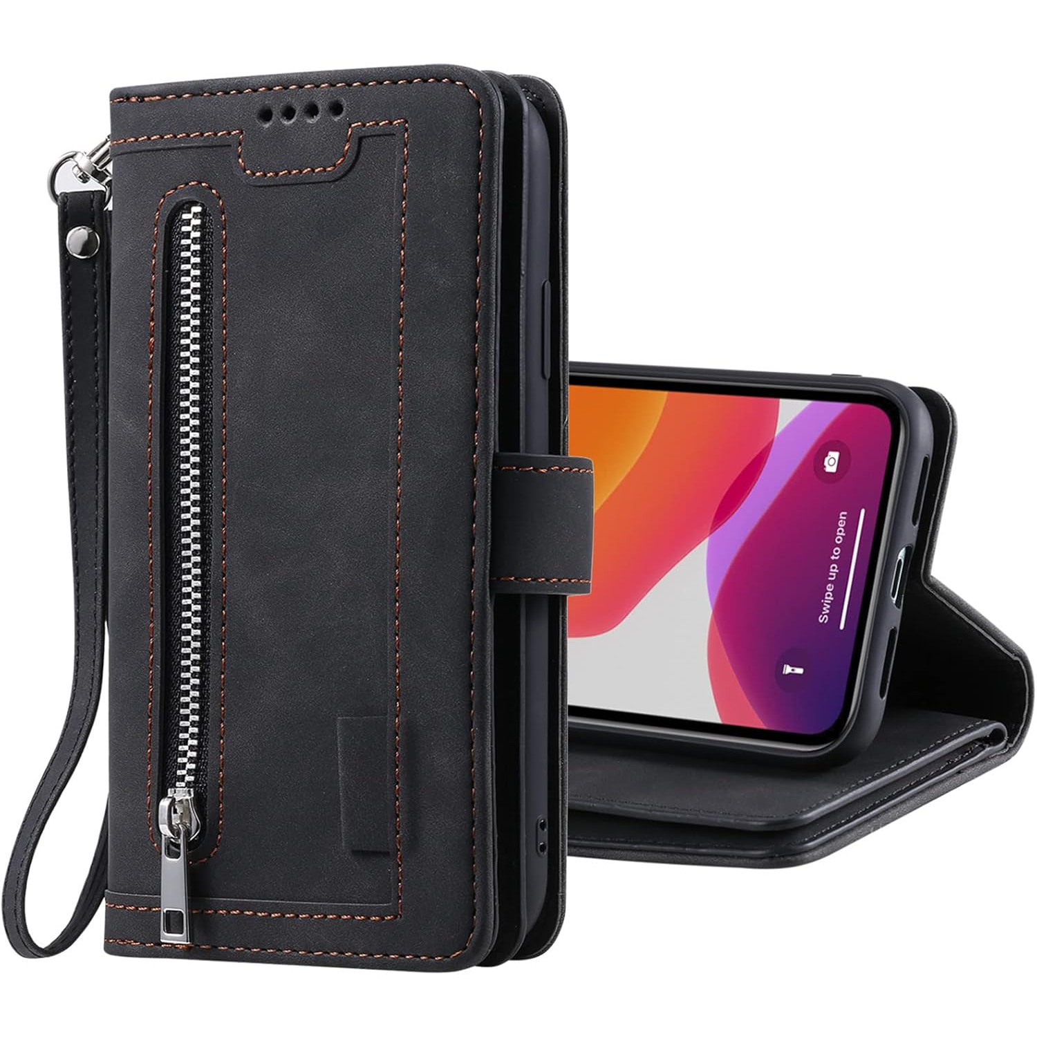 [ LIMITTED TIME OFFER ] - Wallet Case for iPhone 14 PLUS, Multi-Function Flip Folio 9 Card Slots Phone Case with Zipped Pocket Wrist Strap