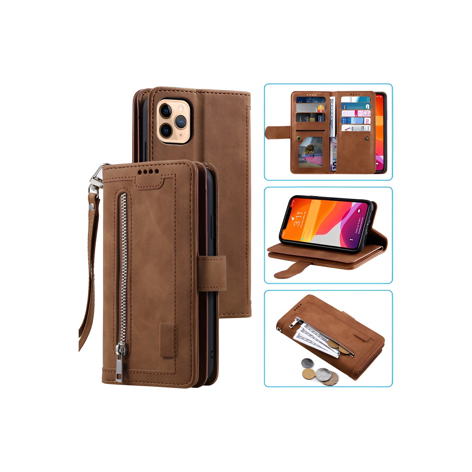 [ LIMITTED TIME OFFER ] - Wallet Case for iPhone 14 PLUS, Multi-Function Flip Folio 9 Card Slots Phone Case with Zipped Pocket Wrist Strap