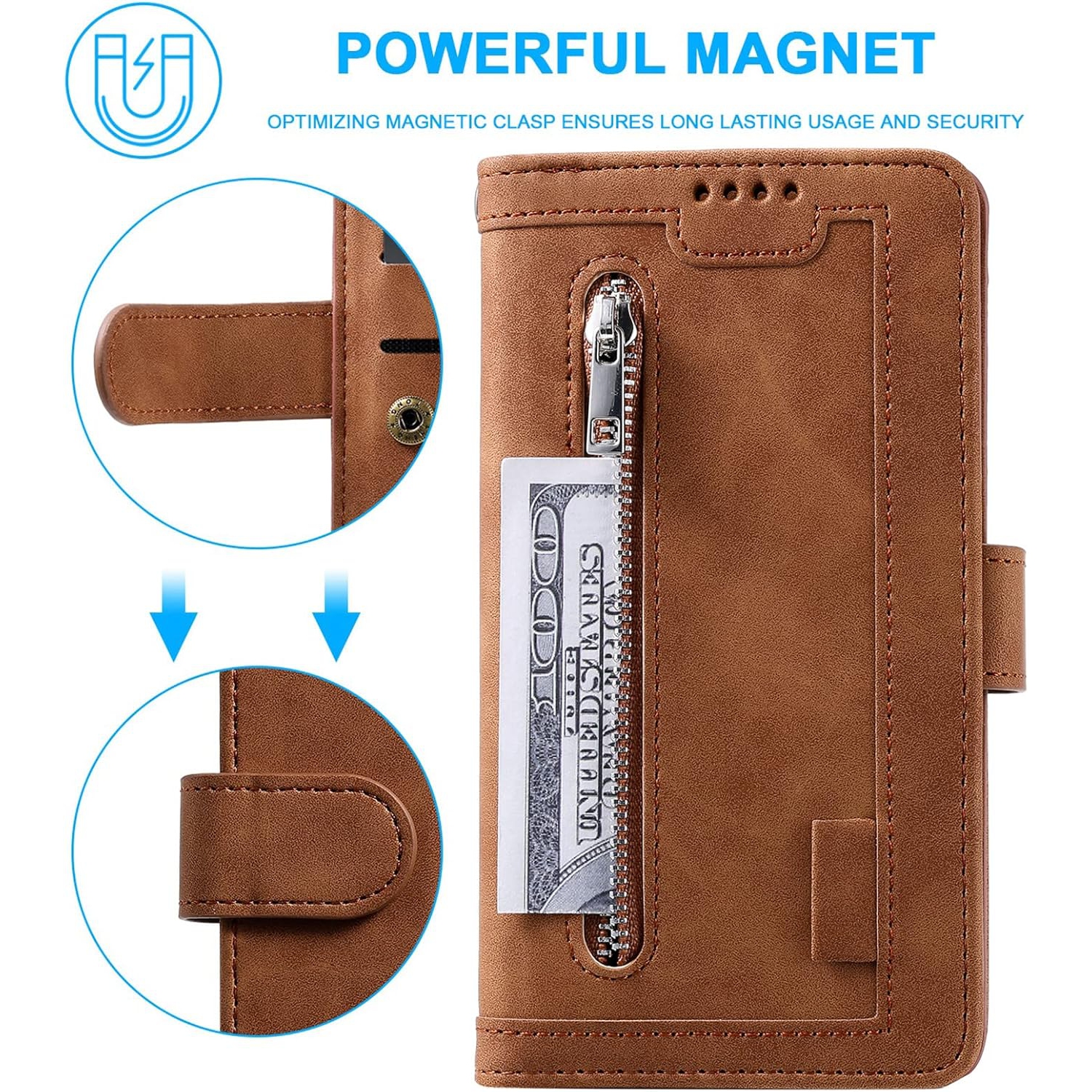 [ LIMITTED TIME OFFER ] - Wallet Case for iPhone 14 PLUS, Multi-Function Flip Folio 9 Card Slots Phone Case with Zipped Pocket Wrist Strap
