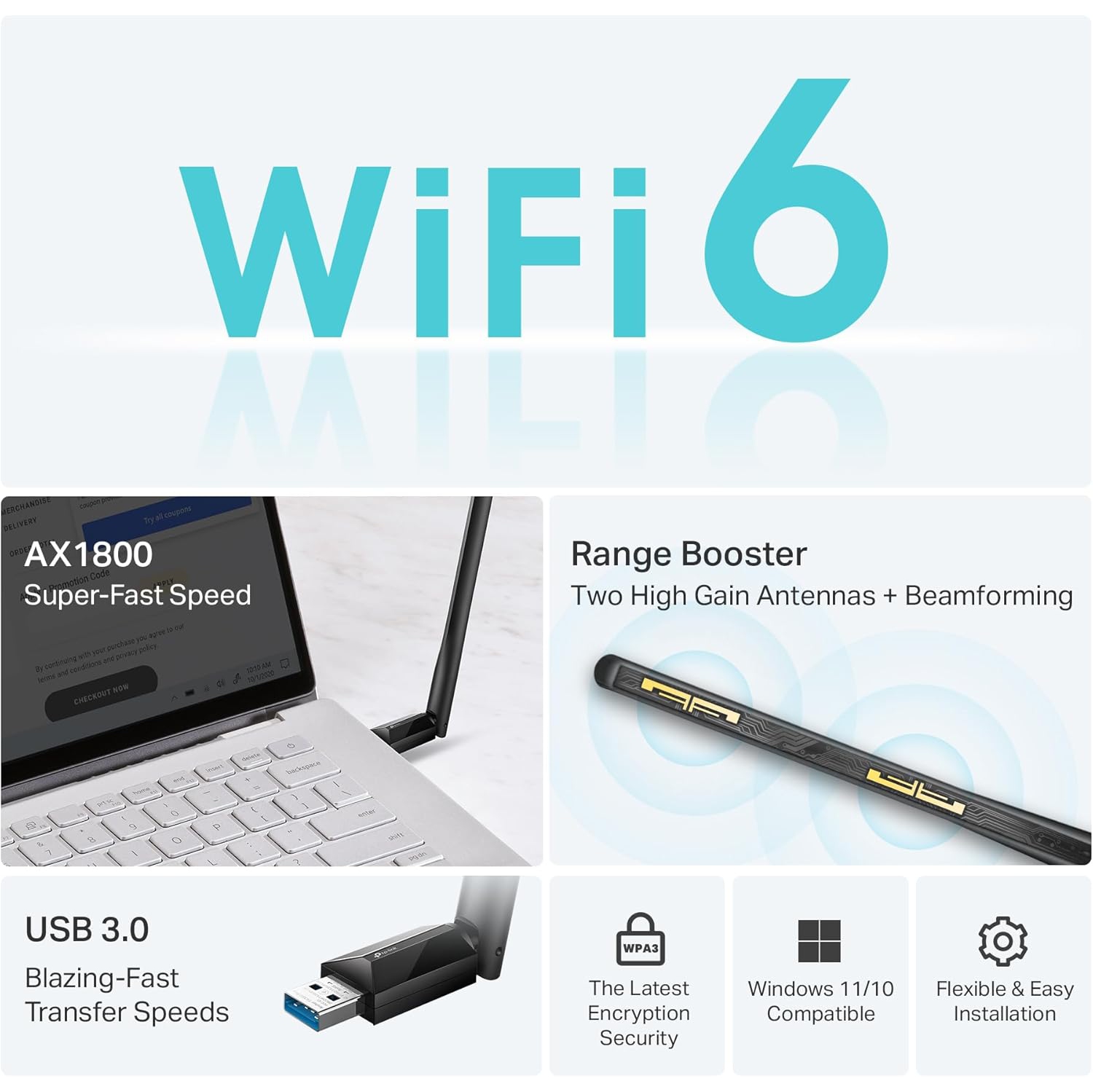TP-Link AX1800 WiFi 6 High Gain Wireless USB Adapter for PC - Ultra-Fast Speed OFDMA & MU-MIMO Supported, 2.4GHz/5GHz High-Gain Dual Band Antennas,