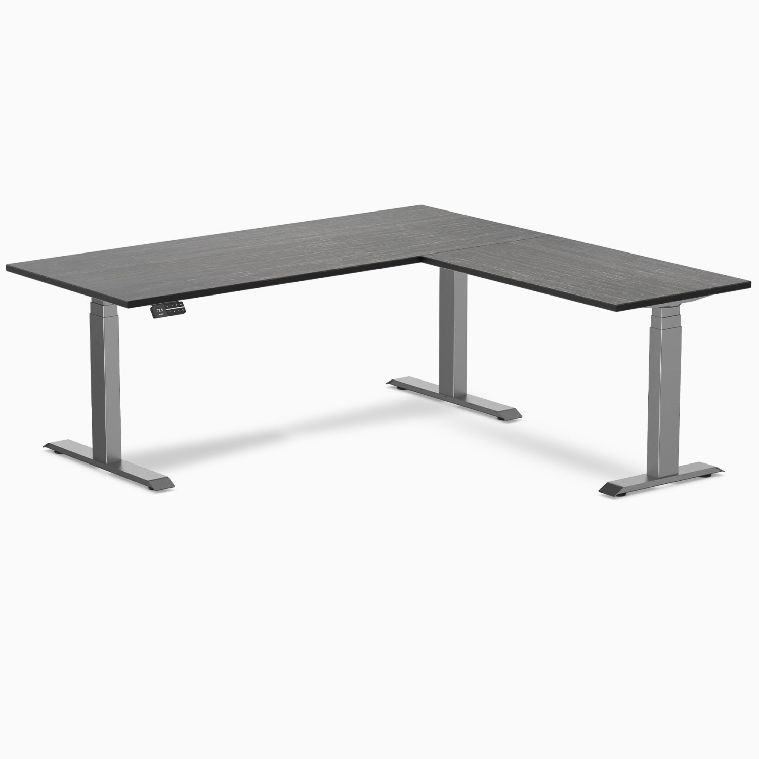 Desky Dark Bamboo L-Shape Sit-Stand Desk – 72 x 30 x 70 x 24 inches With Space Grey Frame, Triple Motors, 440 lb Capacity