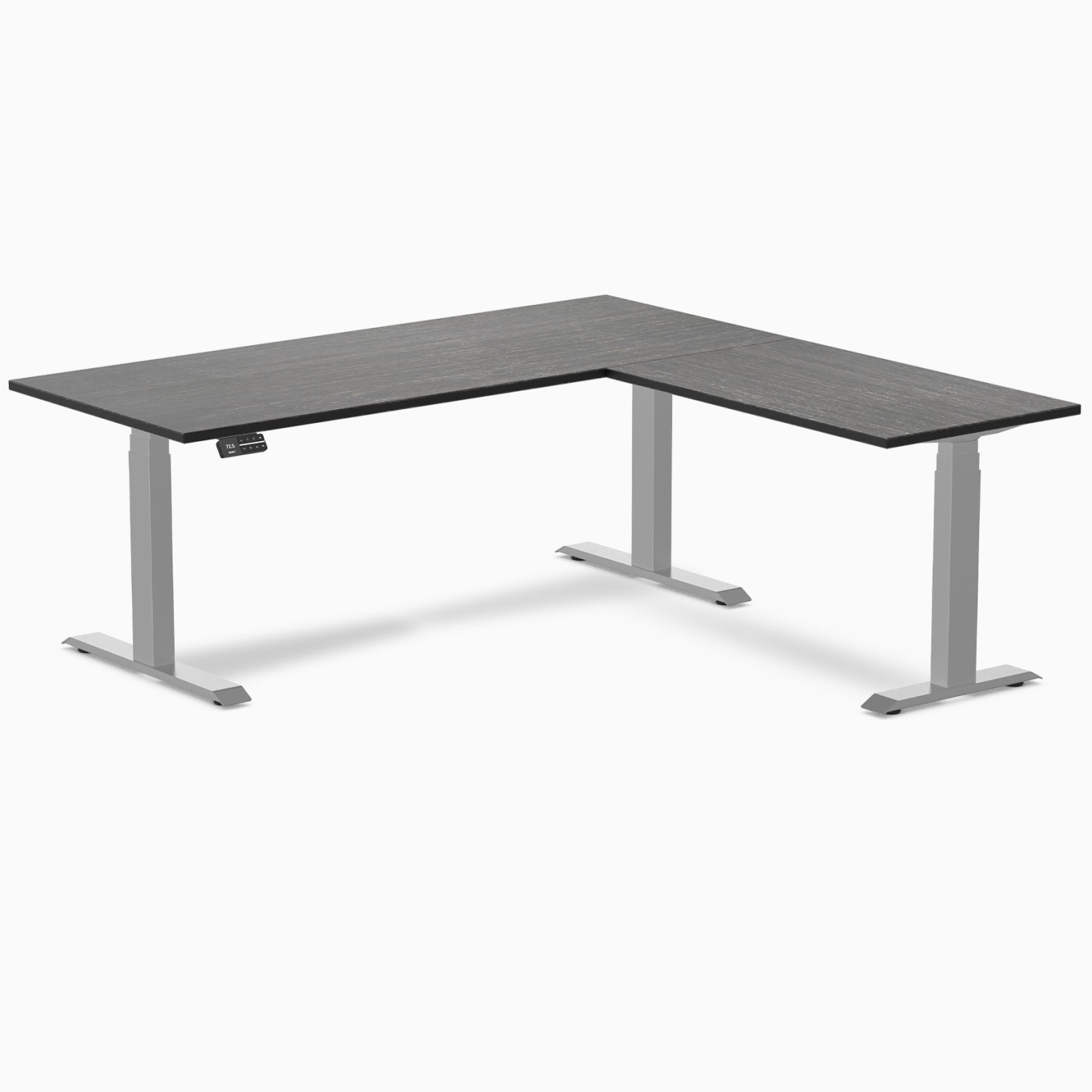 Desky Dark Bamboo L-Shape Sit-Stand Desk – 72 x 30 x 70 x 24 inches With Grey Frame, Triple Motors, 440 lb Capacity