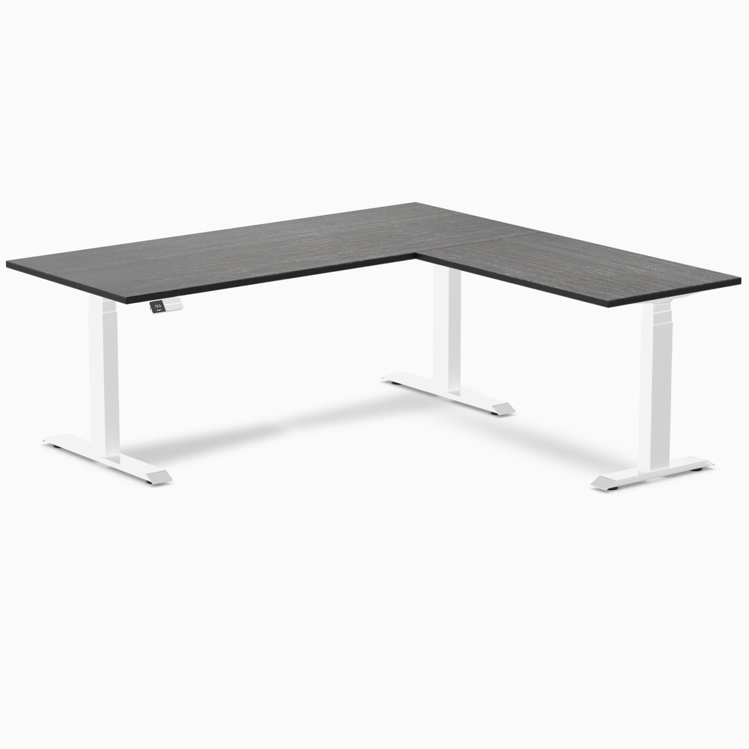 Desky Dark Bamboo L-Shape Sit-Stand Desk – 72 x 30 x 70 x 24 inches With White Frame, Triple Motors, 440 lb Capacity