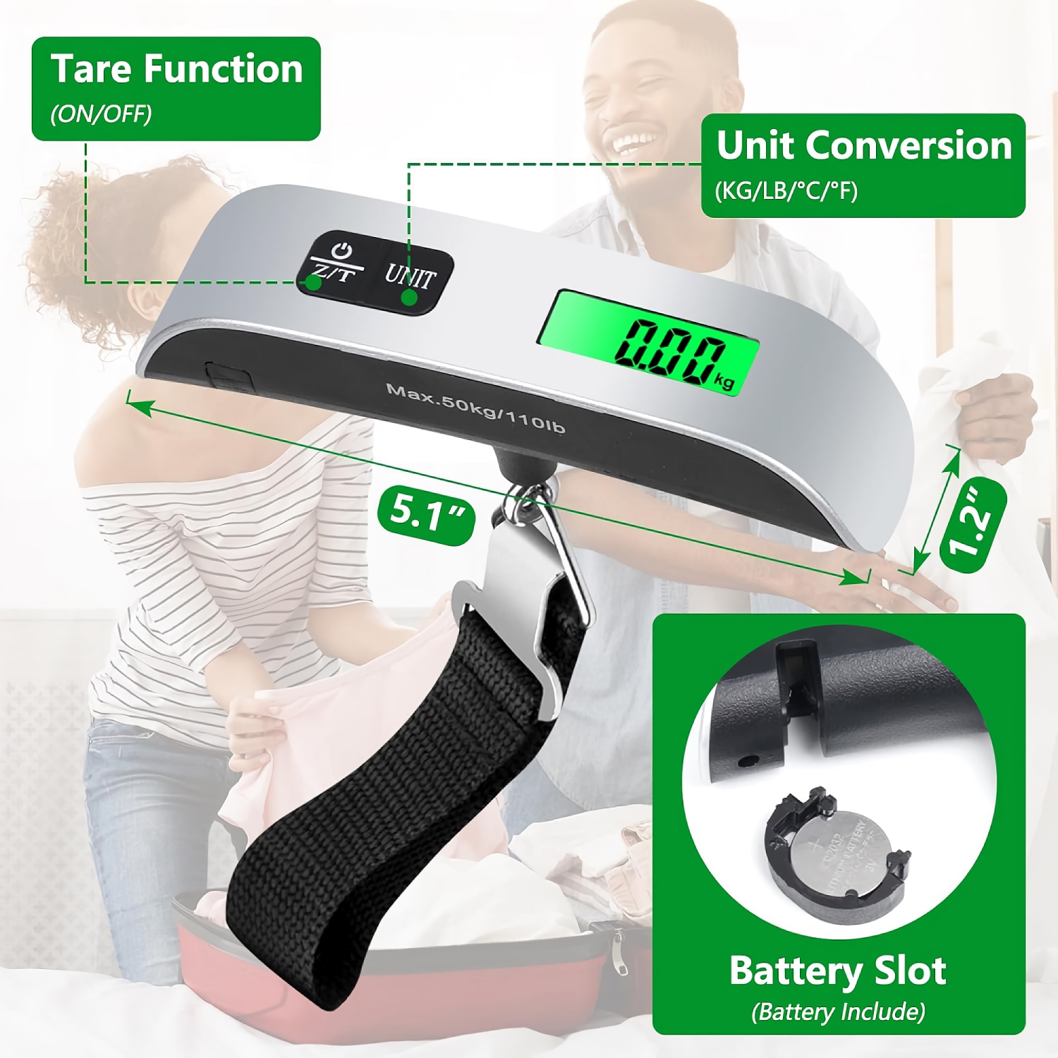 Pèse-bagage électronique, pèse-personne numérique portatif suspendu avec rétroéclairage, écran LCD, jusqu'à 50&nbsp;kg/110&nbsp;lb avec fonction de