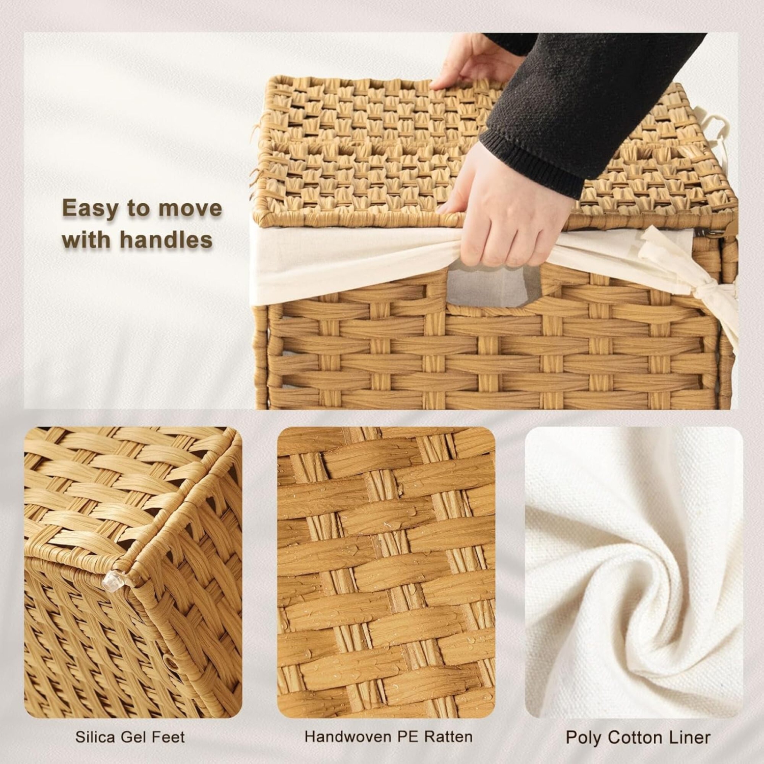 Woven Laundry Hamper with Lid, 105L Large Storage Basket with Removable Washable Liner, Dual Compartments for Clothes, Blankets, Toys & Bedding –