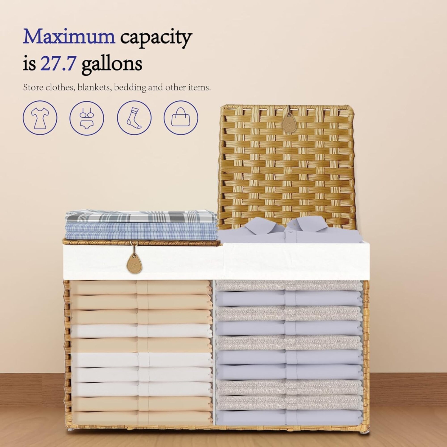 Woven Laundry Hamper with Lid, 105L Large Storage Basket with Removable Washable Liner, Dual Compartments for Clothes, Blankets, Toys & Bedding –