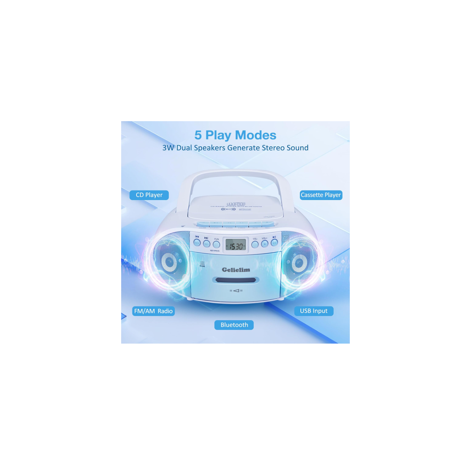 Gelielim Portable CD Boombox Bluetooth with Cassette Player, AM/FM Radio, All in one Powerful Stereo Boom Box CD Player for Home with Remote,