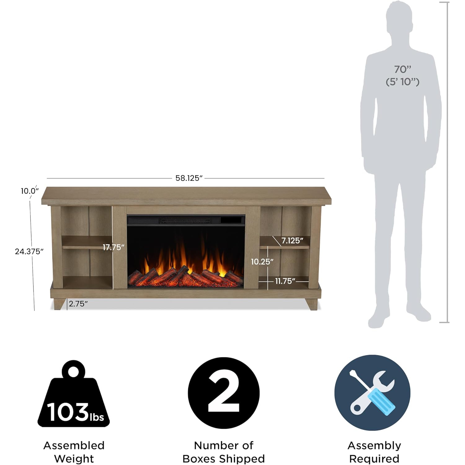 Meuble pour téléviseur de 58&nbsp;po avec foyer électrique Penrose de Real Flame - Bois flotté