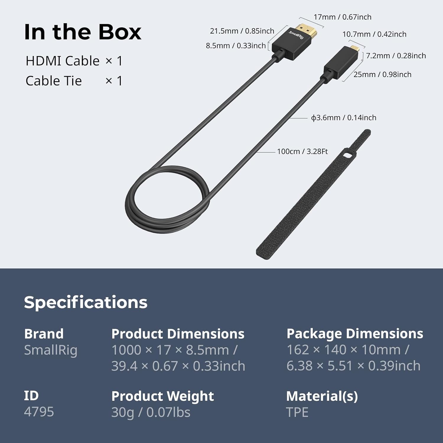 Câble SMALLRIG D à HDMI; Câble HDMI ultramince 100&nbsp;cm/3,28 pi; Câble HDMI 2,0 60&nbsp;Hz 4K ultra-flexible haute vitesse; A7RIII/A7II/A7M3 de