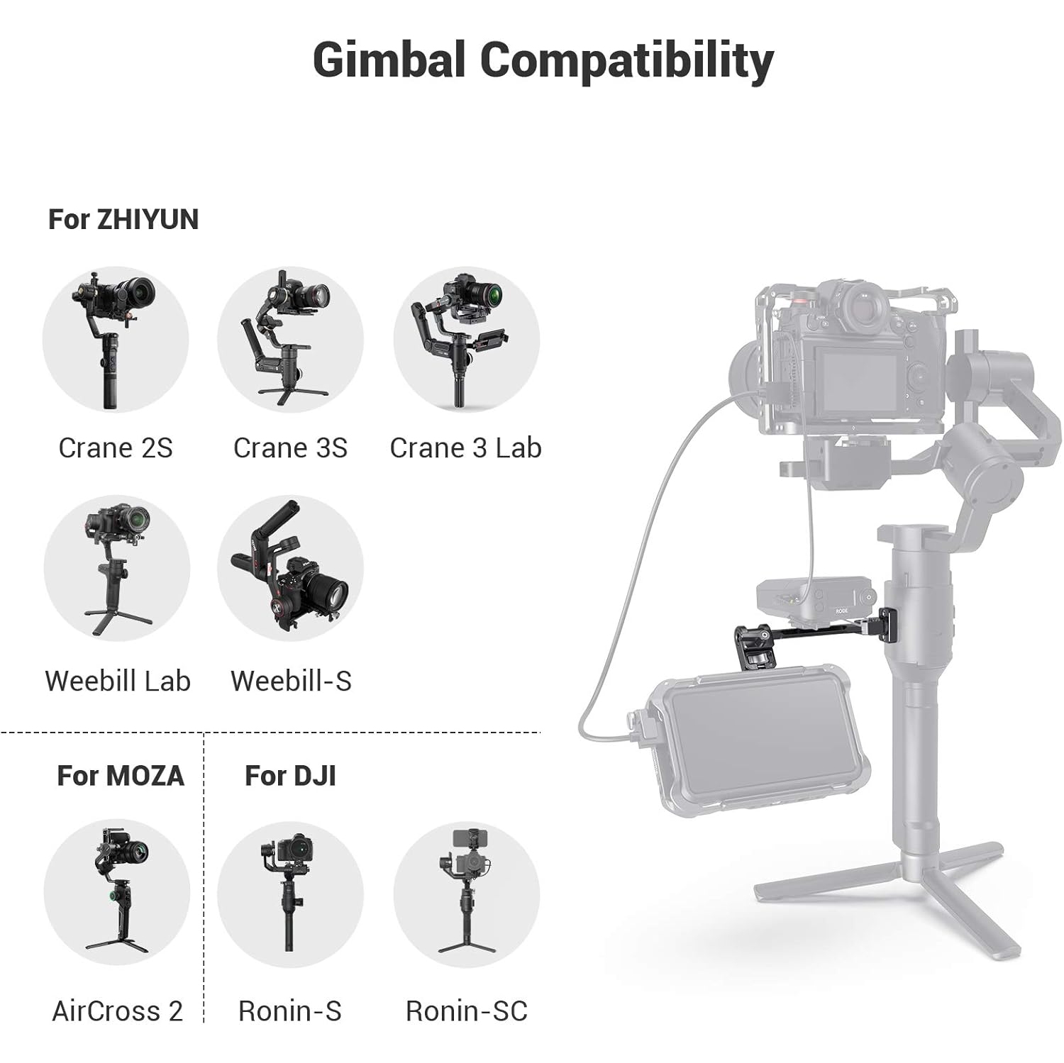 Support de moniteur de caméra réglable SMALLRIG pour Ronin-S/Ronin-SC et Crane 2S/Crane 3/3S/WEEBILL-S et MOZA AirCross 2 de DJI - 2889