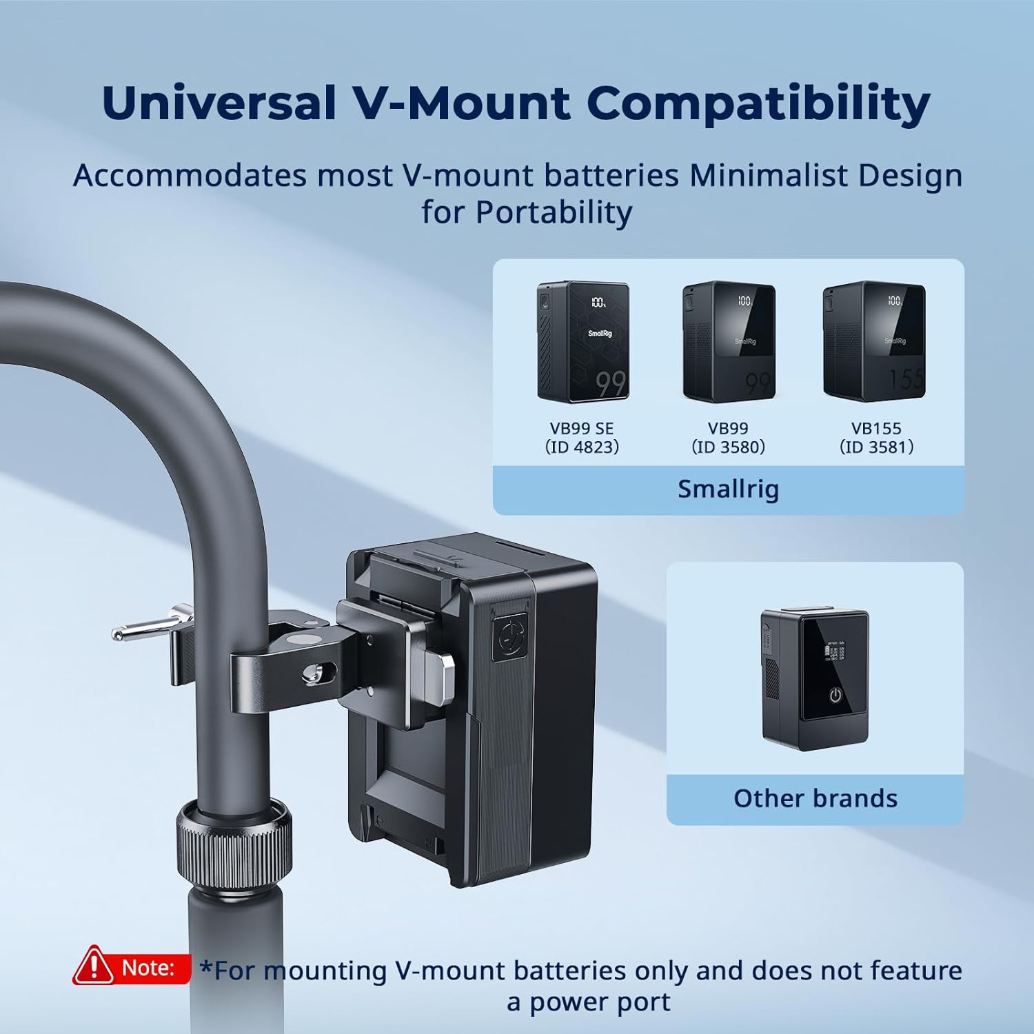 Serre-joint en V SMALLRIG, pince antidérapante 15-40&nbsp;mm, roulement de charge 1,5&nbsp;kg compatible avec plusieurs marques de batteries à