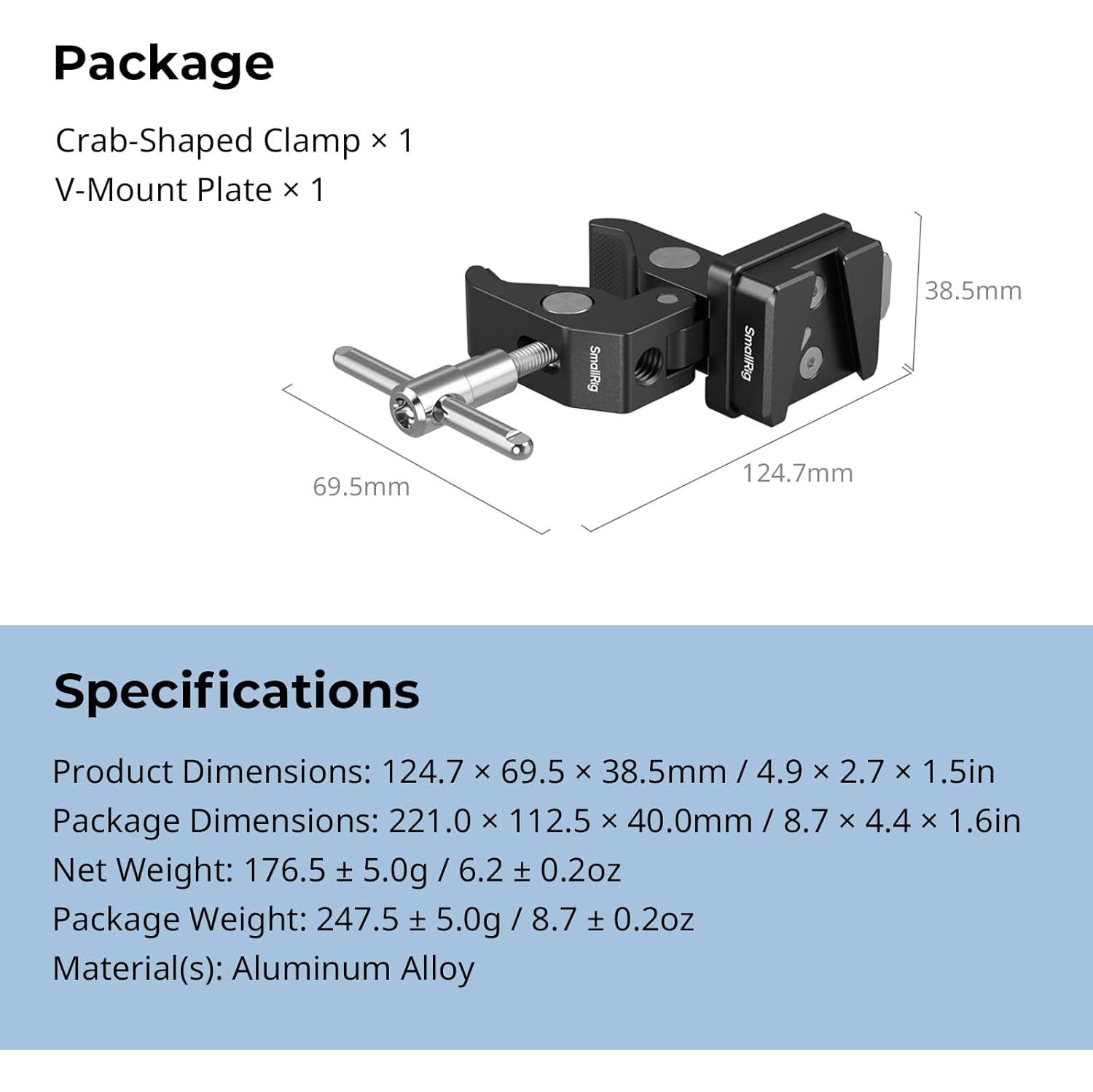 Serre-joint en V SMALLRIG, pince antidérapante 15-40&nbsp;mm, roulement de charge 1,5&nbsp;kg compatible avec plusieurs marques de batteries à