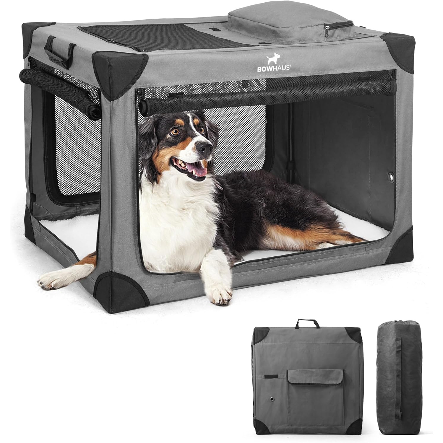 BOWHAUS 36 Inch Portable Travel Dog Kennel for Medium Dogs with Durable Mesh Windows and 2 Storage Pockets