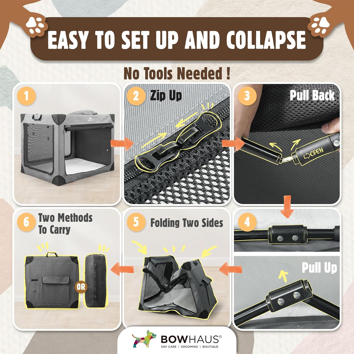 BOWHAUS 36 Inch Portable Travel Dog Kennel for Medium Dogs with Durable Mesh Windows and 2 Storage Pockets