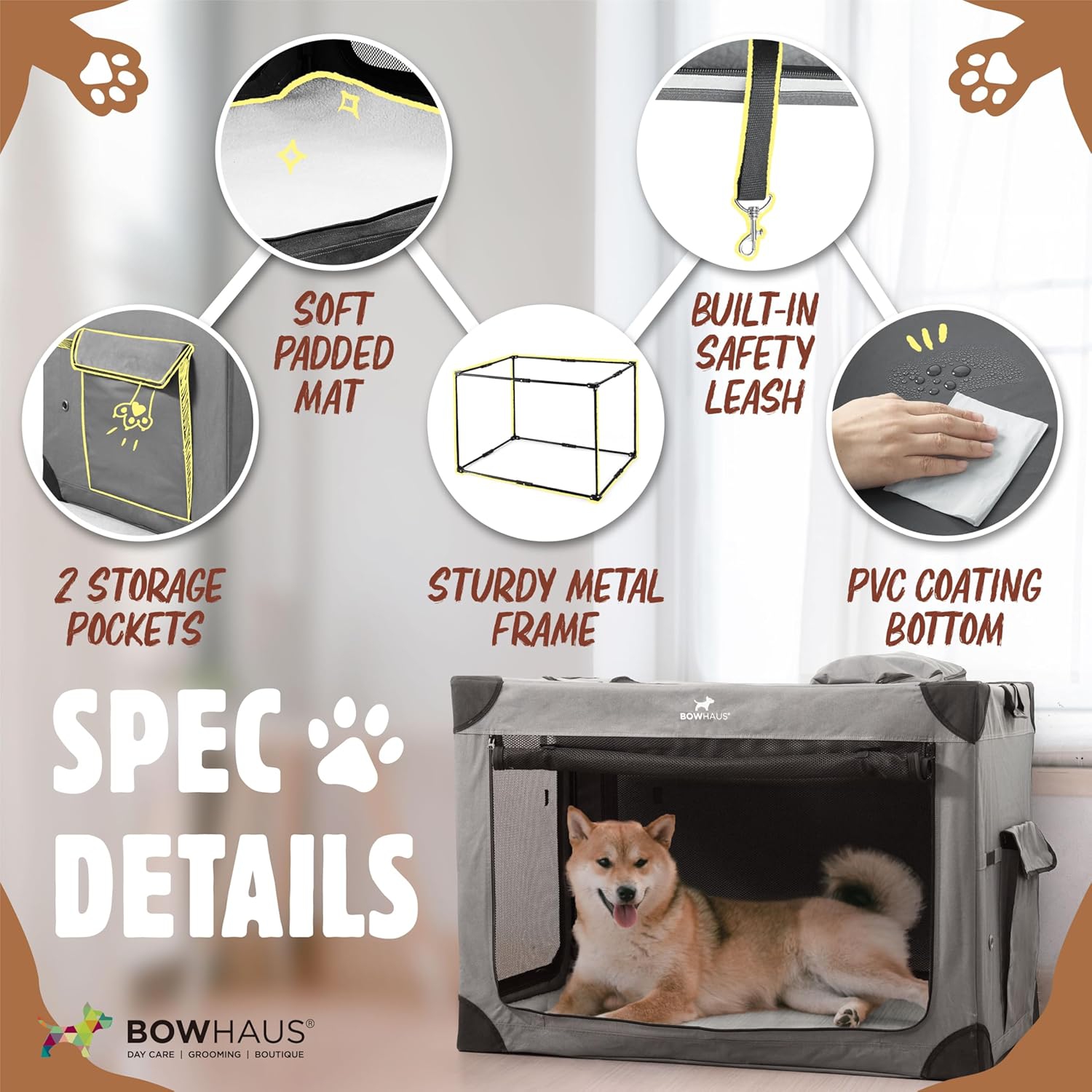 BOWHAUS 36 Inch Portable Travel Dog Kennel for Medium Dogs with Durable Mesh Windows and 2 Storage Pockets